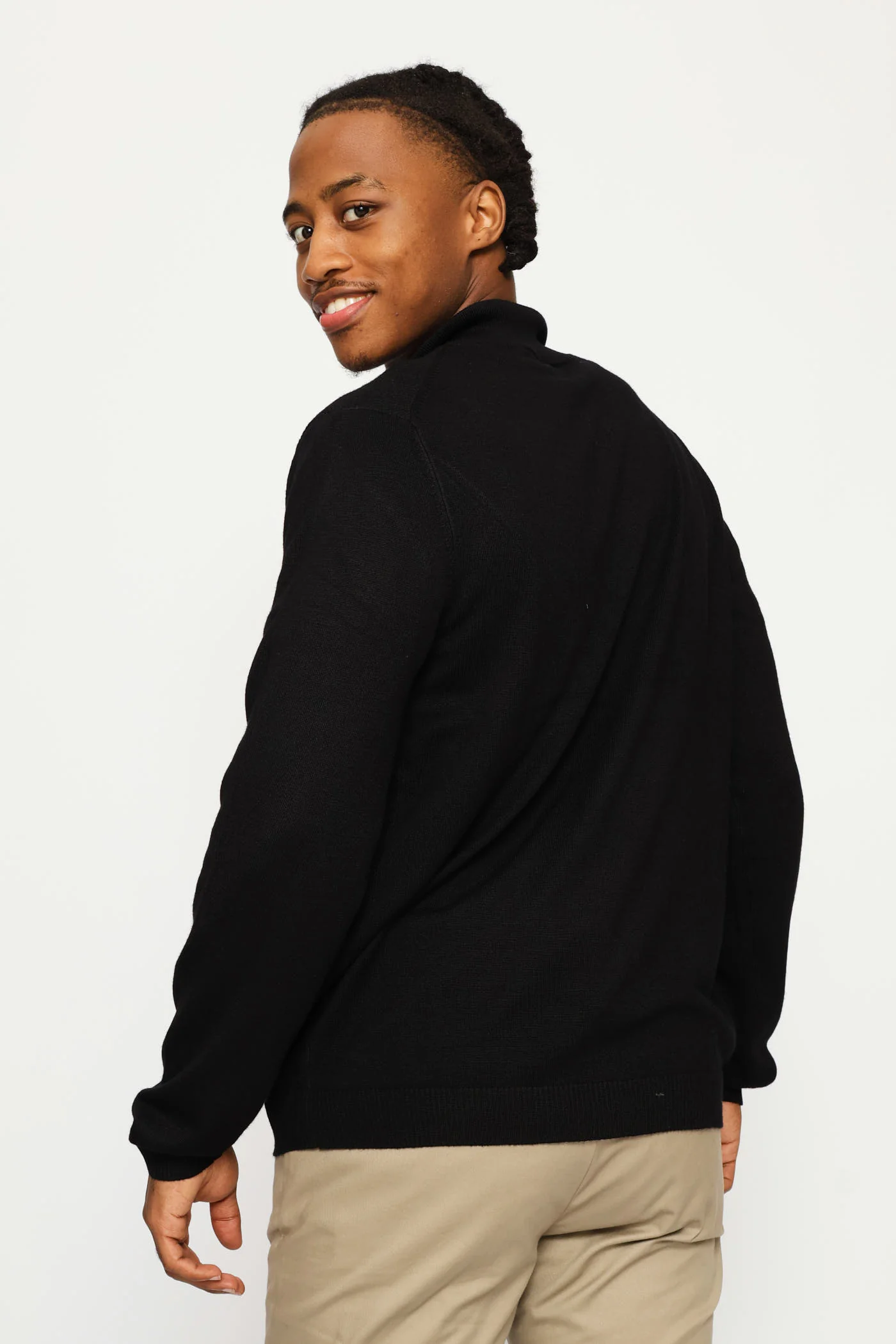 Textured Detail Quarter Zip Knit Poloneck - Black - Image 4