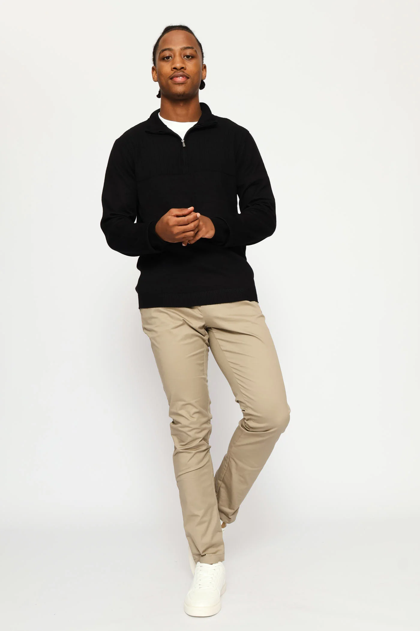 Textured Detail Quarter Zip Knit Poloneck - Black - Image 6