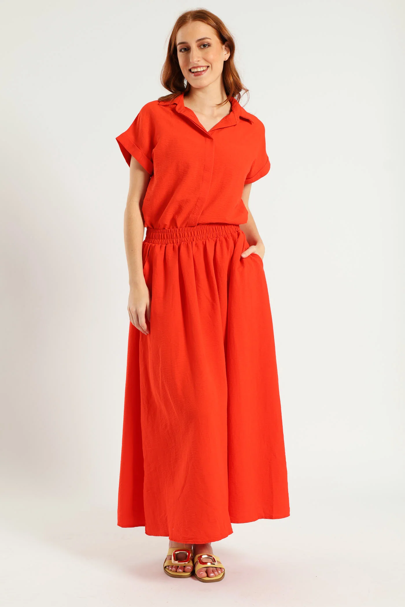 Textured Flare Midi Skirt - Vermilion - Image 2