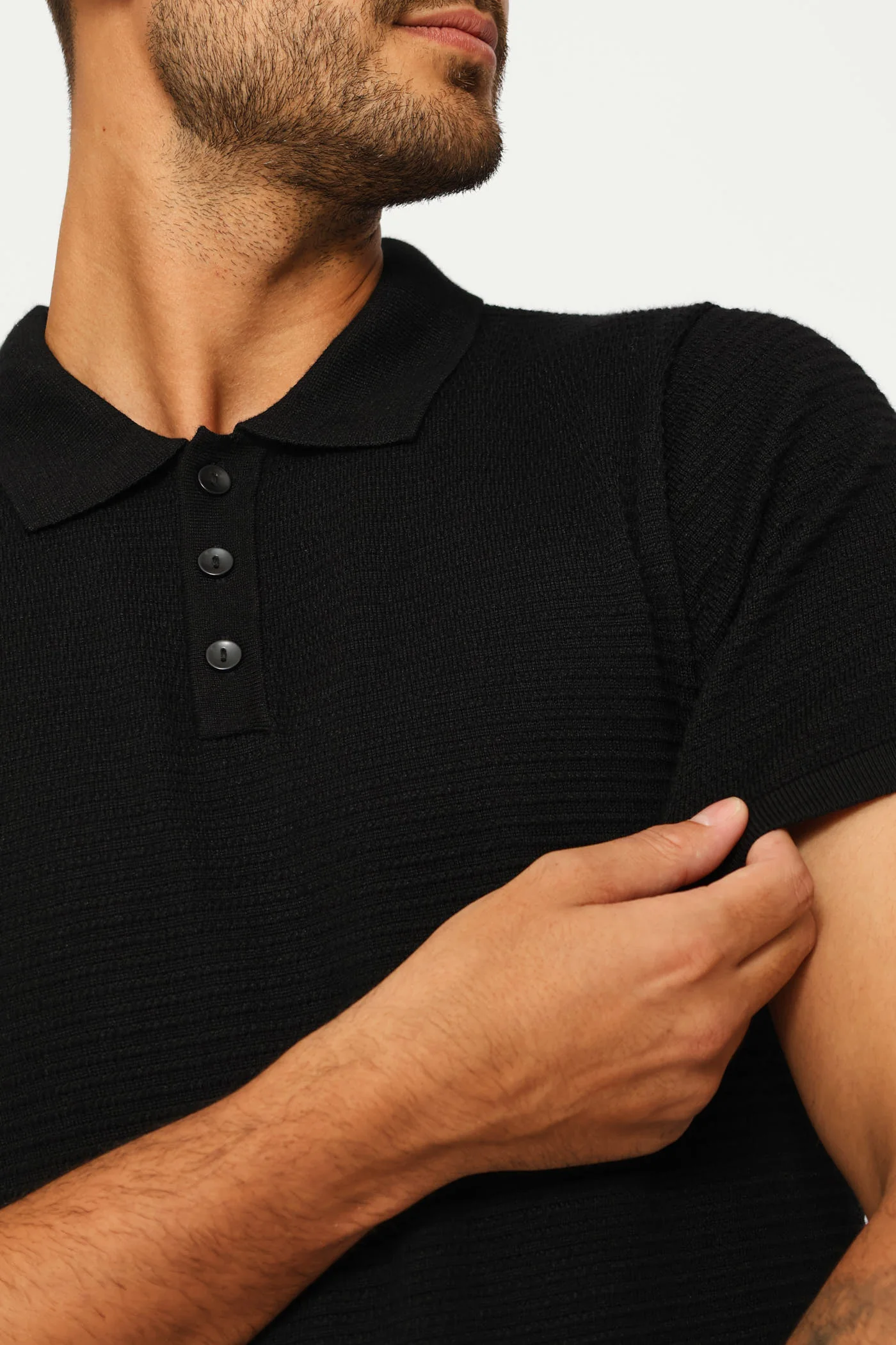 Textured Knit Button Golfer - Black - Image 2