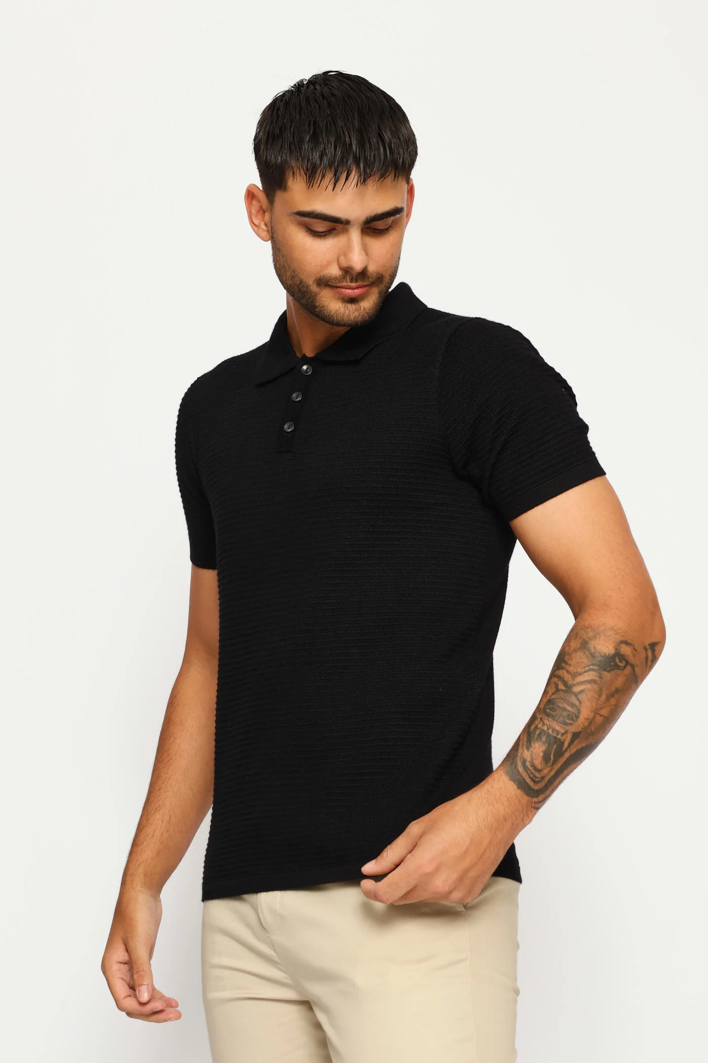Textured Knit Button Golfer - Black - Image 3