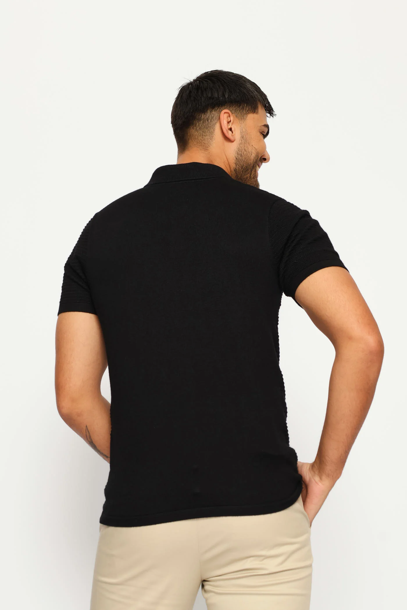 Textured Knit Button Golfer - Black - Image 4
