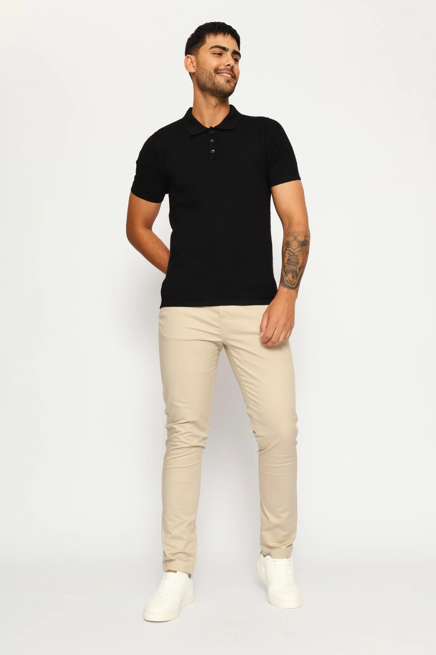 Textured Knit Button Golfer - Black - Image 5