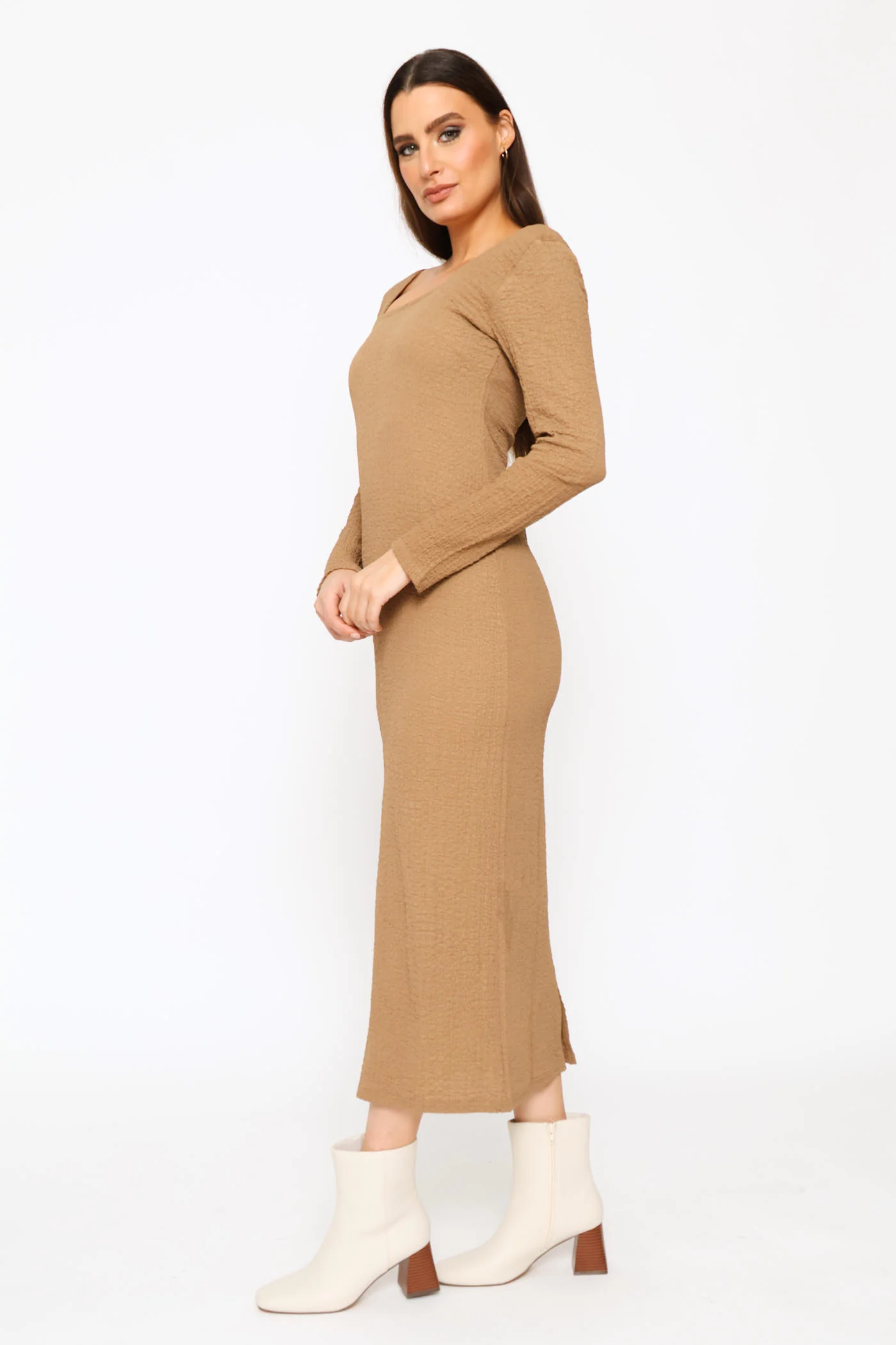 Textured Long Sleeve Bodycon Midi Dress - Mocha - Image 3