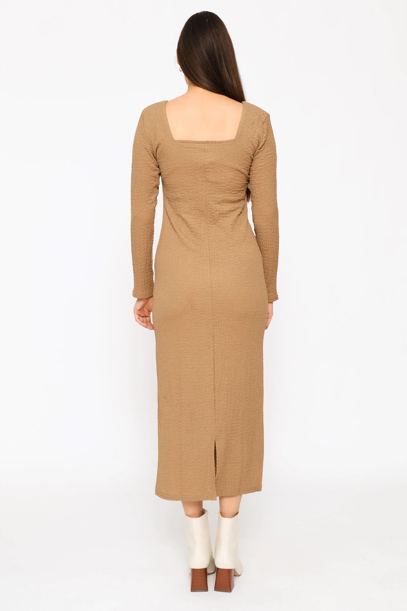 Textured Long Sleeve Bodycon Midi Dress - Mocha - Image 4