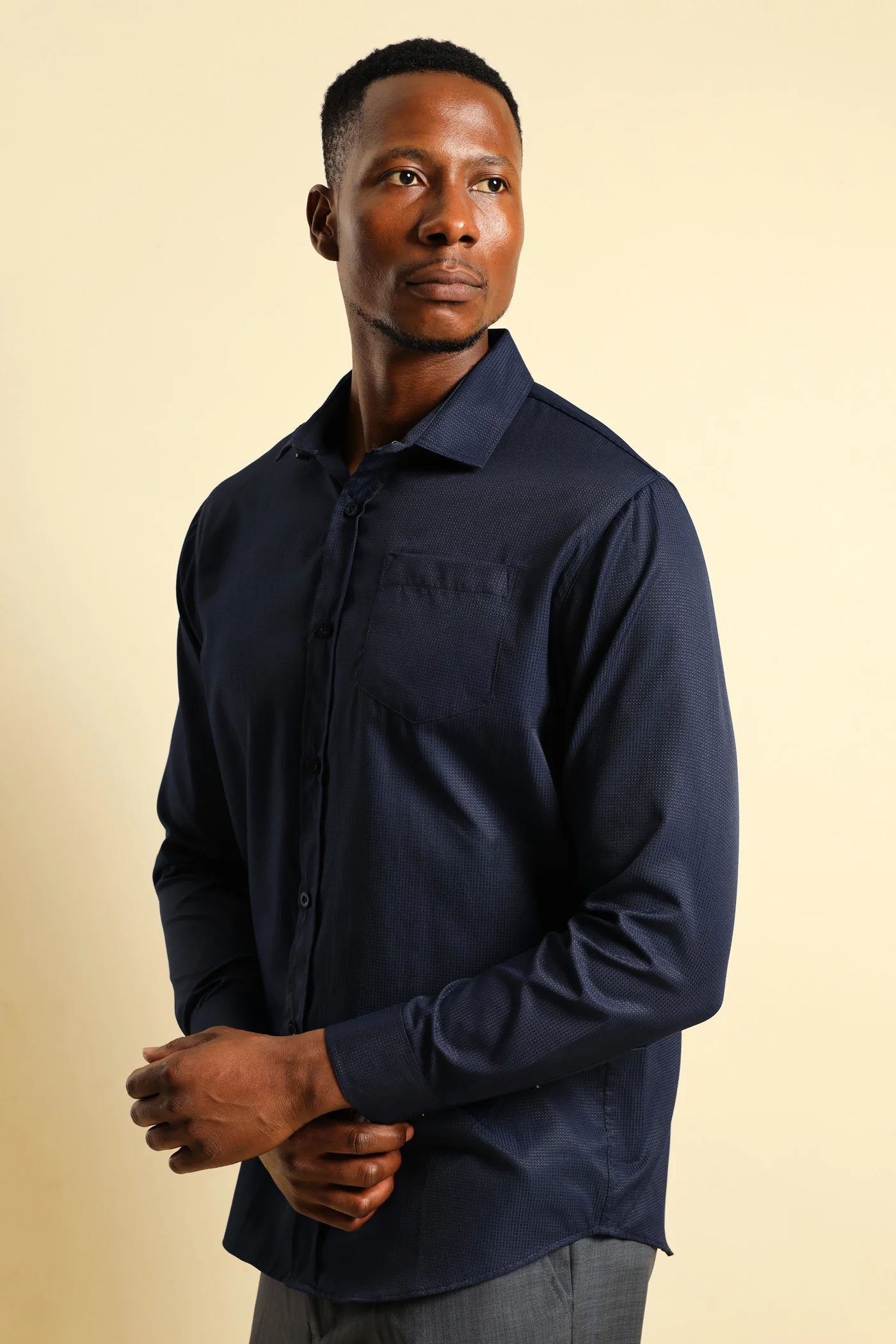 Textured Long Sleeve Shirt - Navy - Image 4
