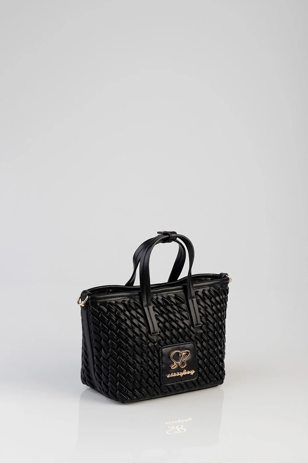 Textured Mini Woven Tote Bag - Black - Image 4