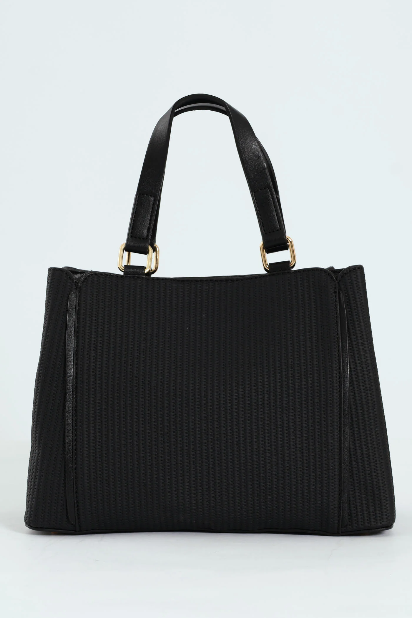 Textured Piping Top Handle Tote Bag - Black - Image 2
