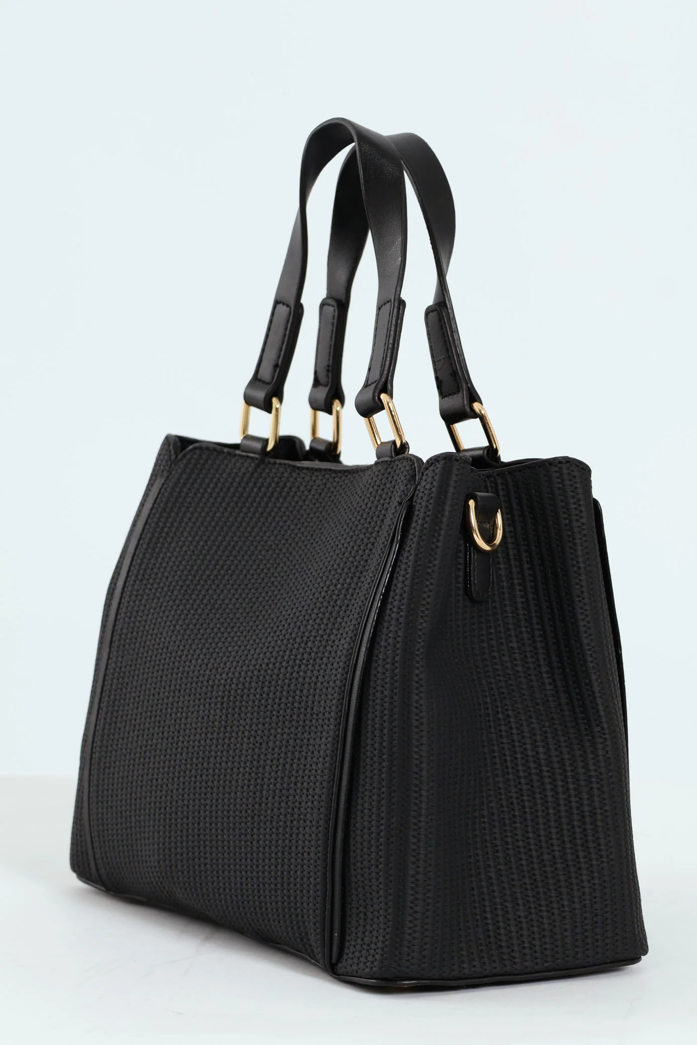 Textured Piping Top Handle Tote Bag - Black - Image 4