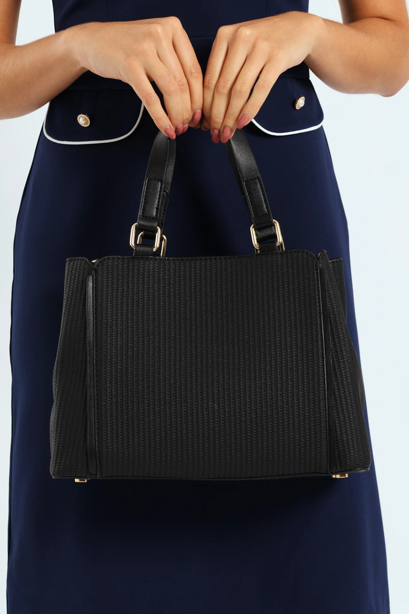 Textured Piping Top Handle Tote Bag - Black - Image 6