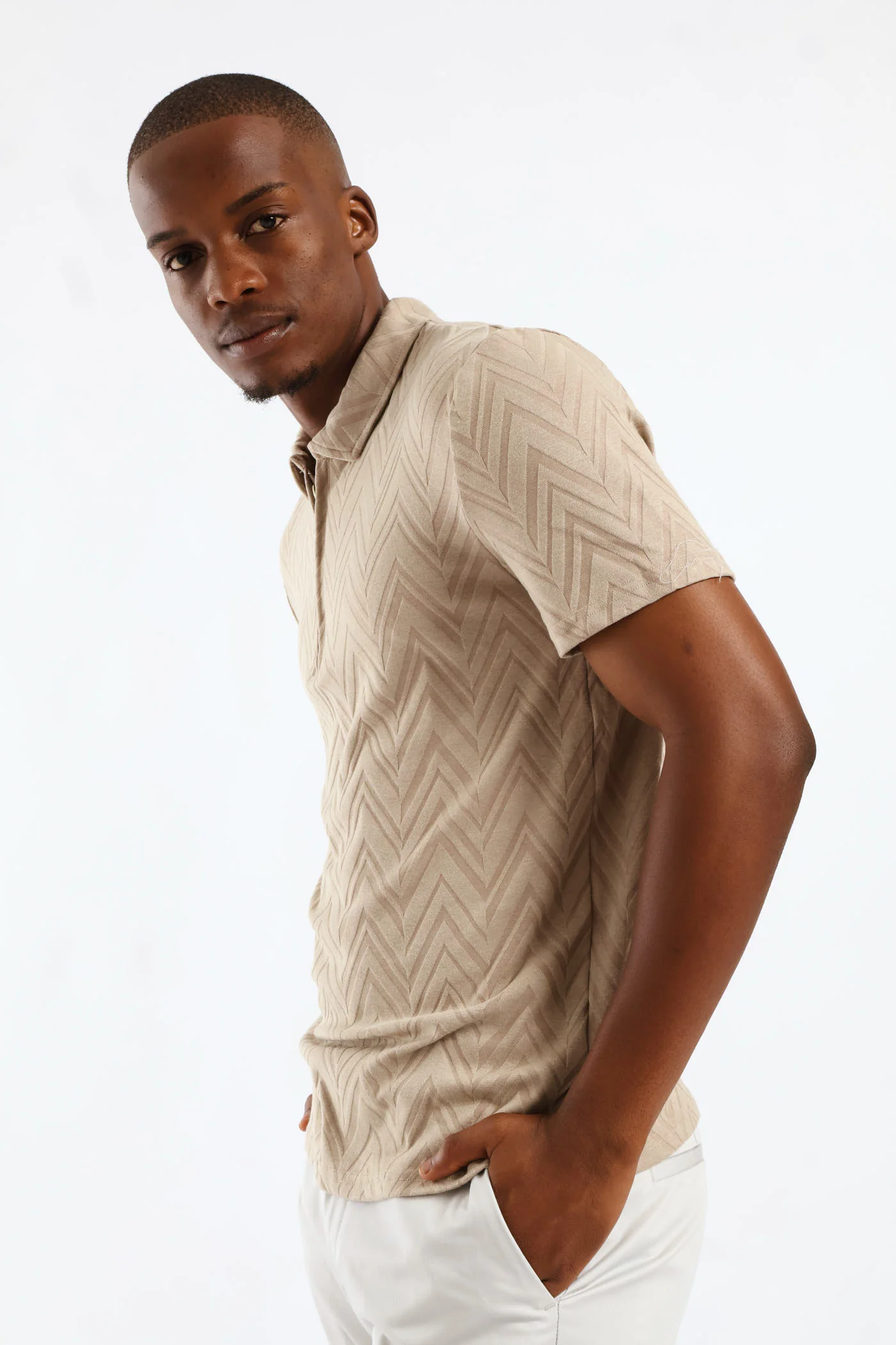 Textured Quarter Zip Knit Golfer - Stone - Image 3