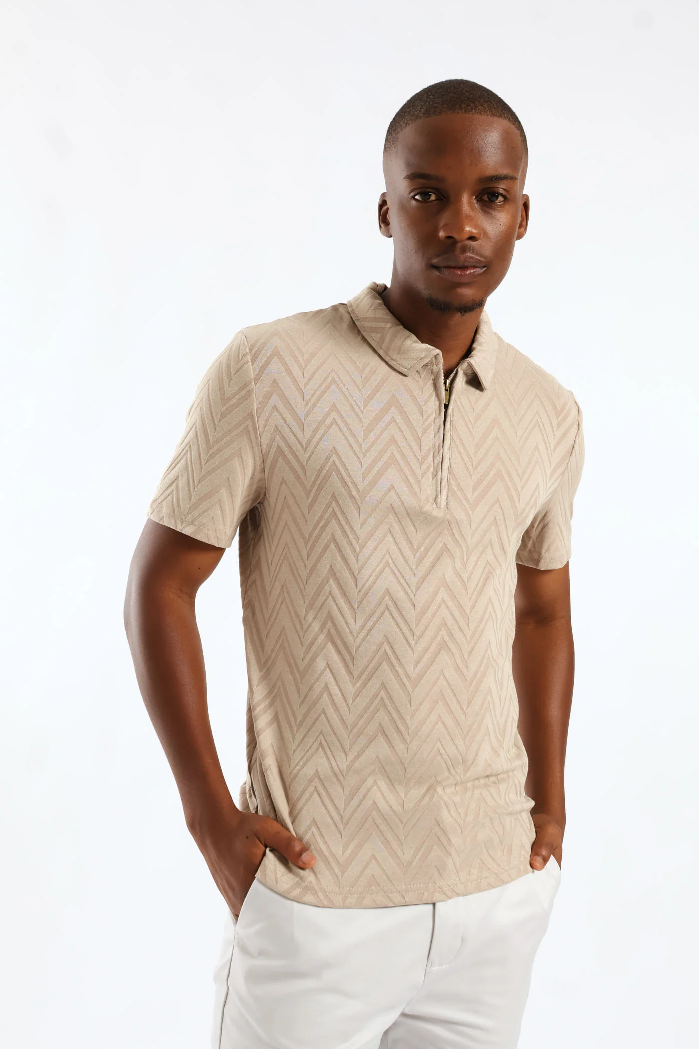 Textured Quarter Zip Knit Golfer - Stone - Image 4