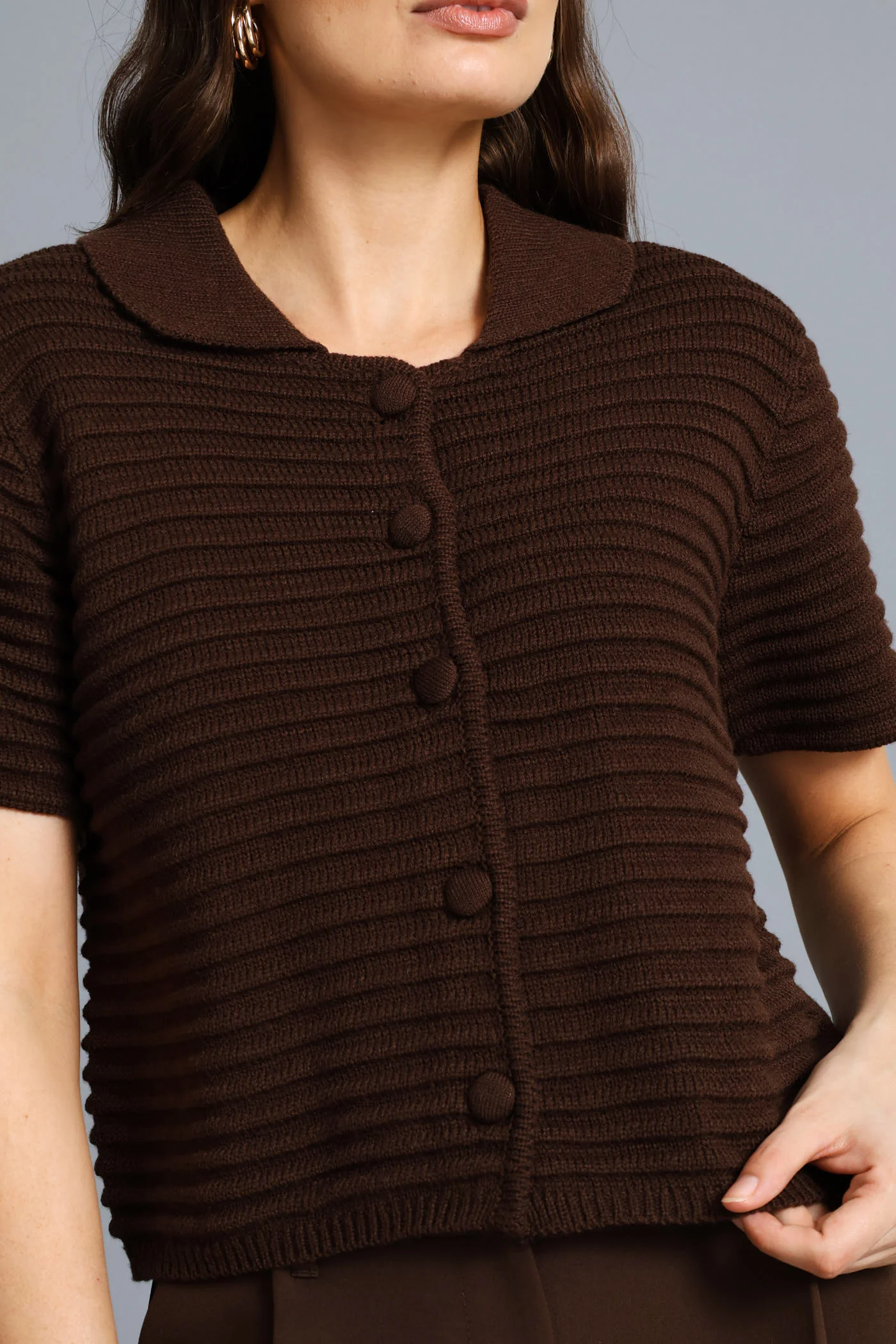 Textured Short Sleeve Cardigan - Chocolate - Image 2
