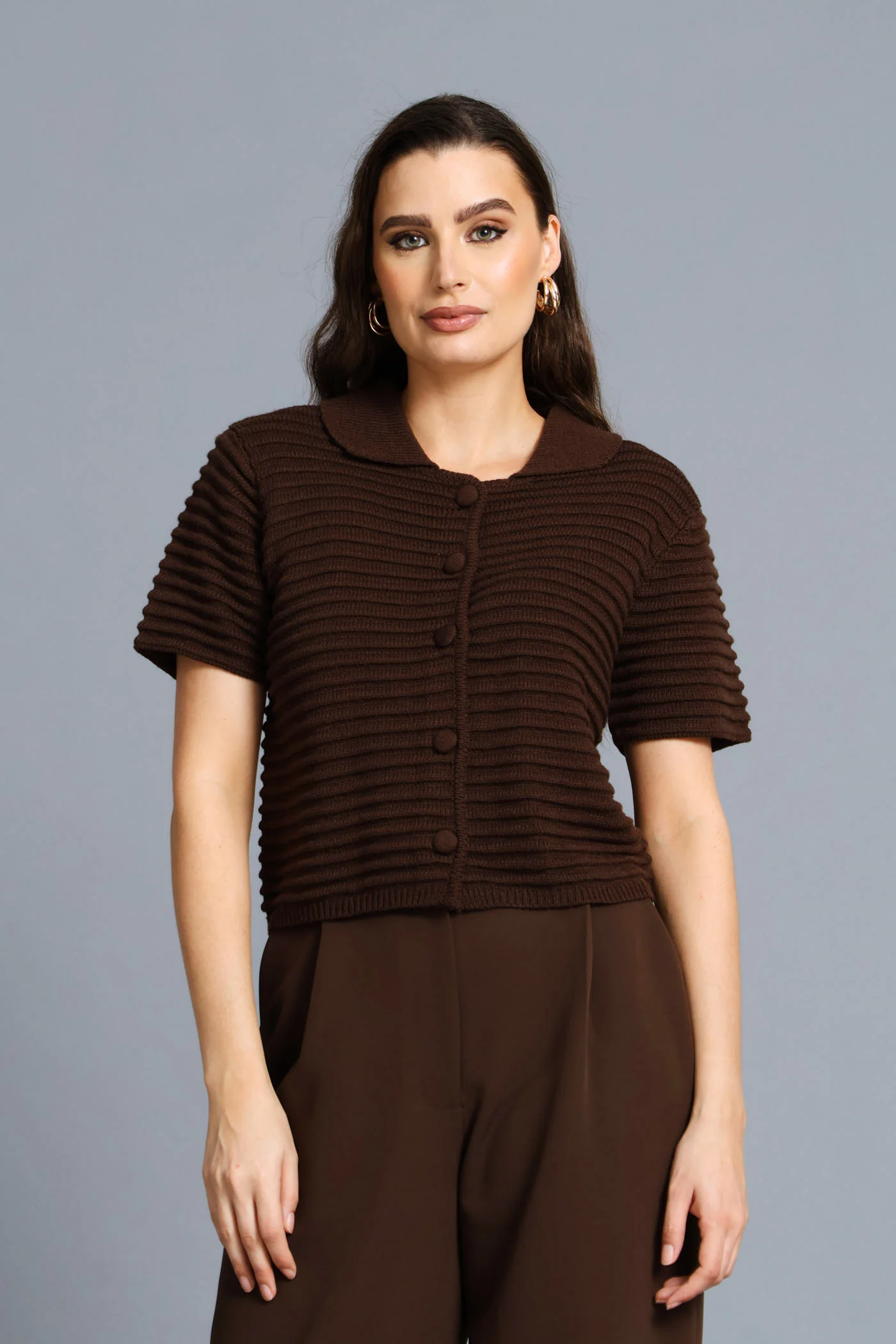 Textured Short Sleeve Cardigan - Chocolate - Image 3