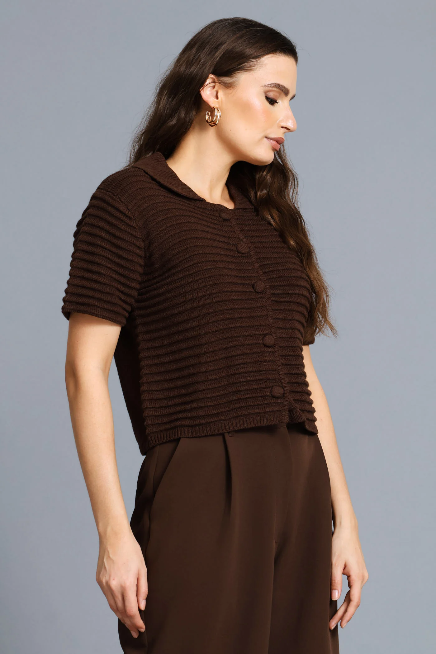 Textured Short Sleeve Cardigan - Chocolate - Image 4