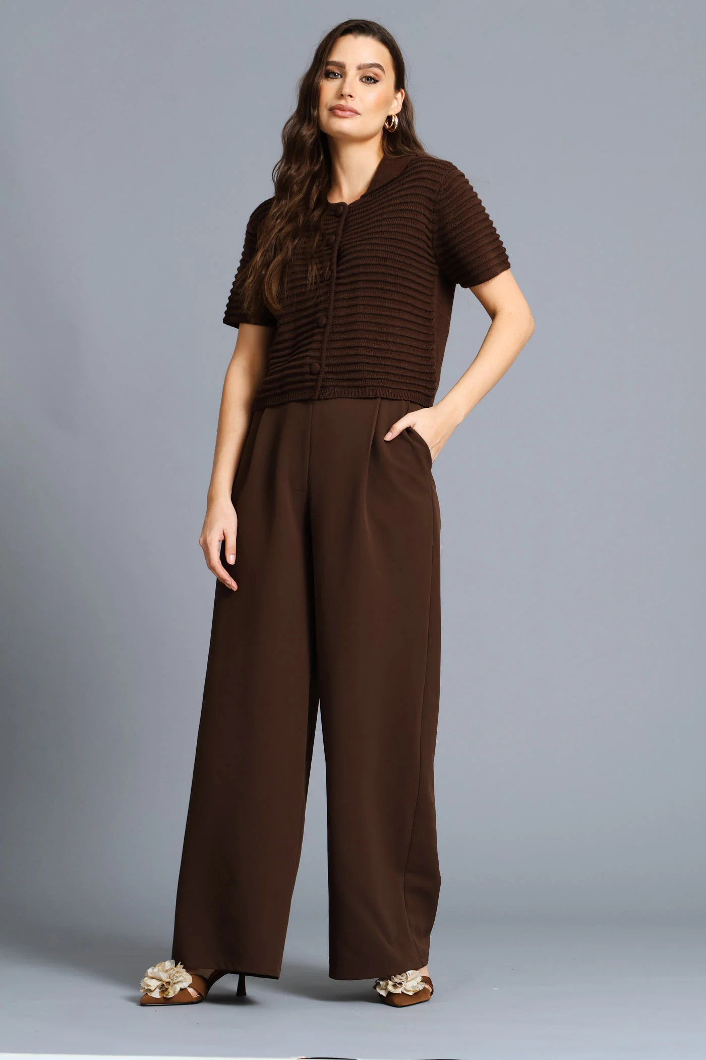 Textured Short Sleeve Cardigan - Chocolate - Image 6
