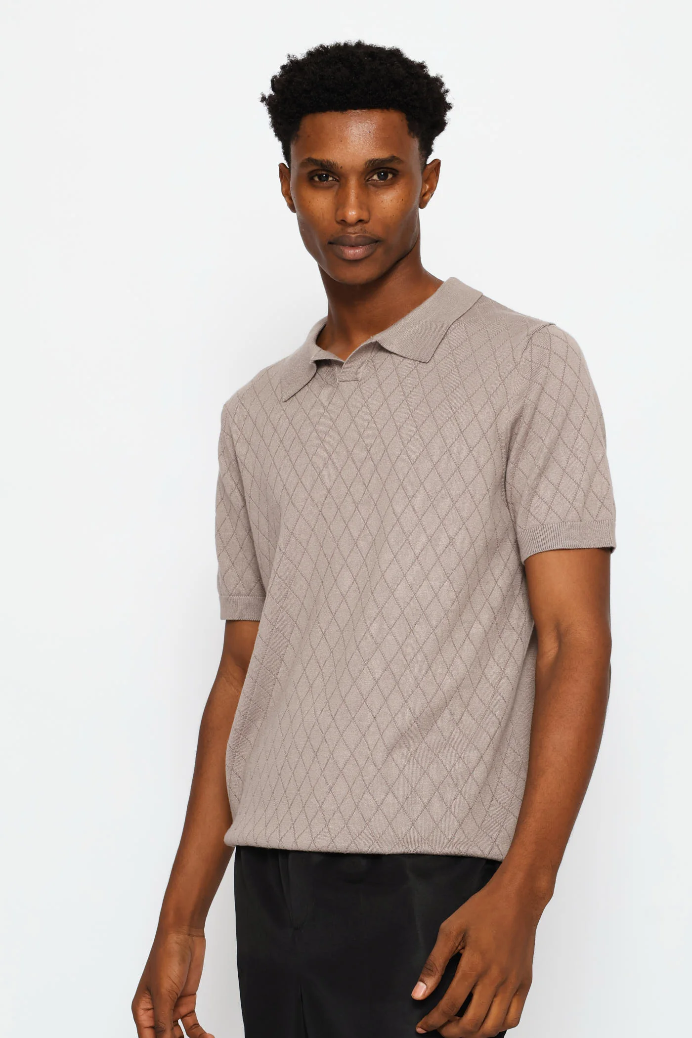 Textured Short Sleeve Knit Golfer - Taupe - Image 3