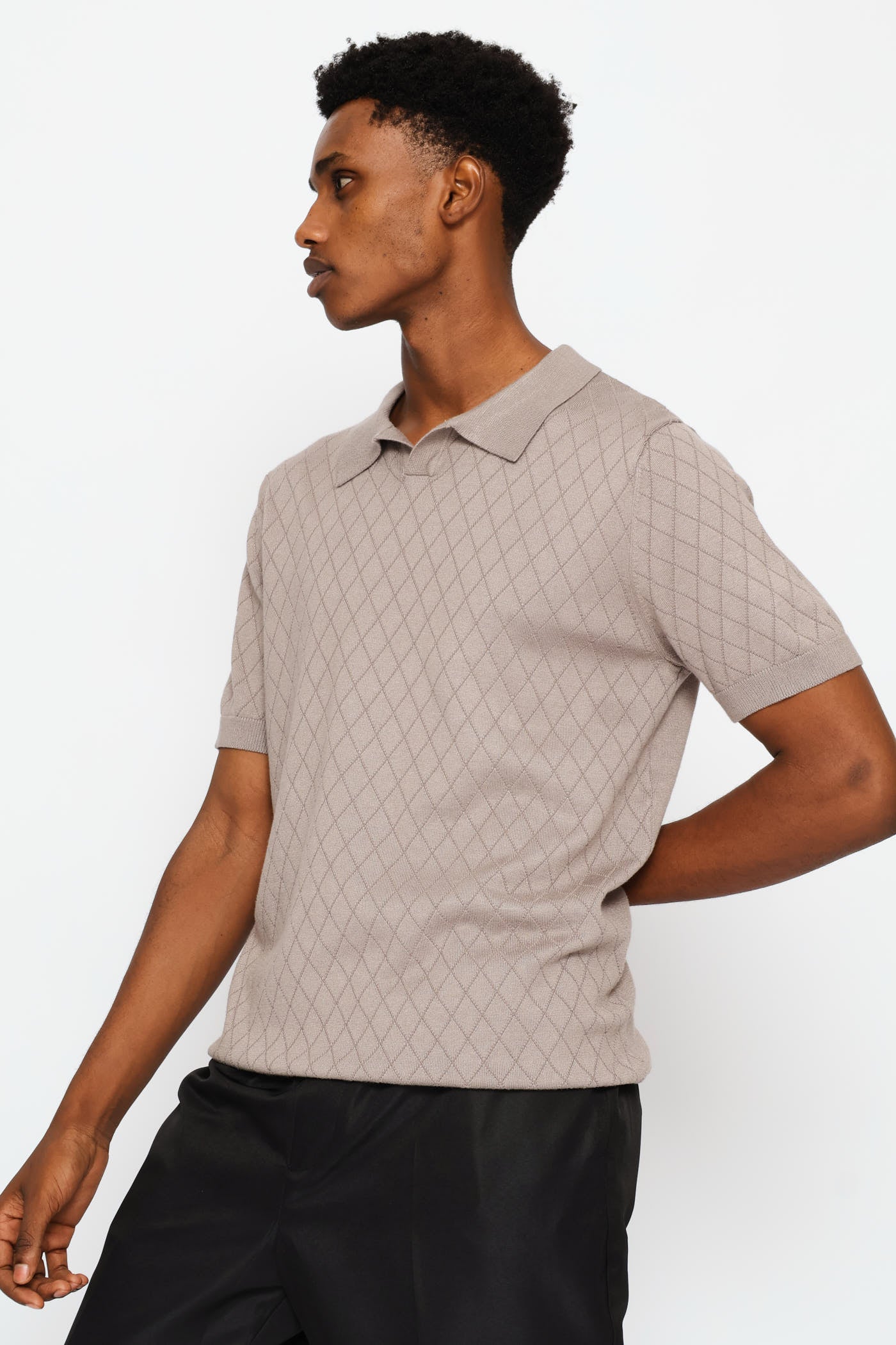 Textured Short Sleeve Knit Golfer - Taupe - Image 4