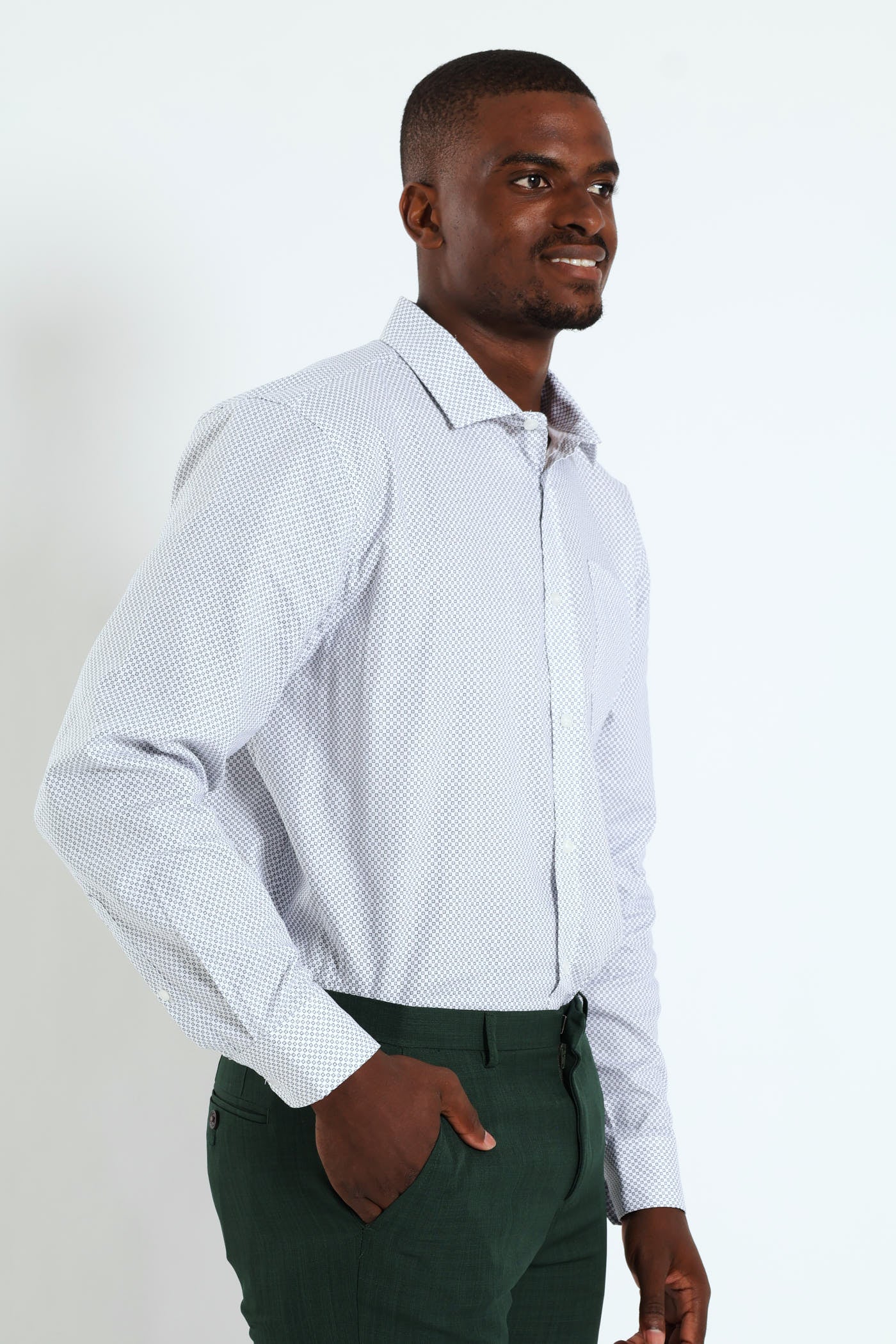 Textured Square Print Shirt - White/Navy - Image 2