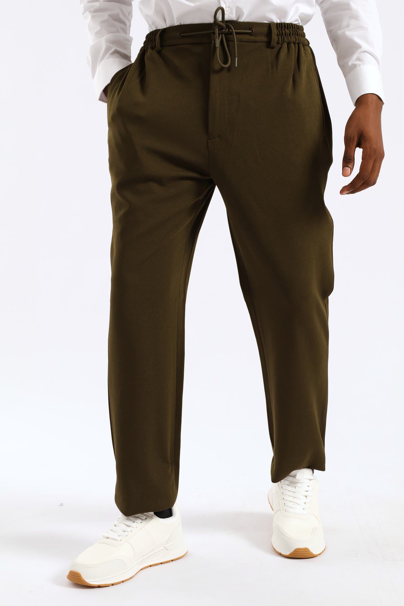 Textured Stretch Elasticated Trouser - Olive - Image 2