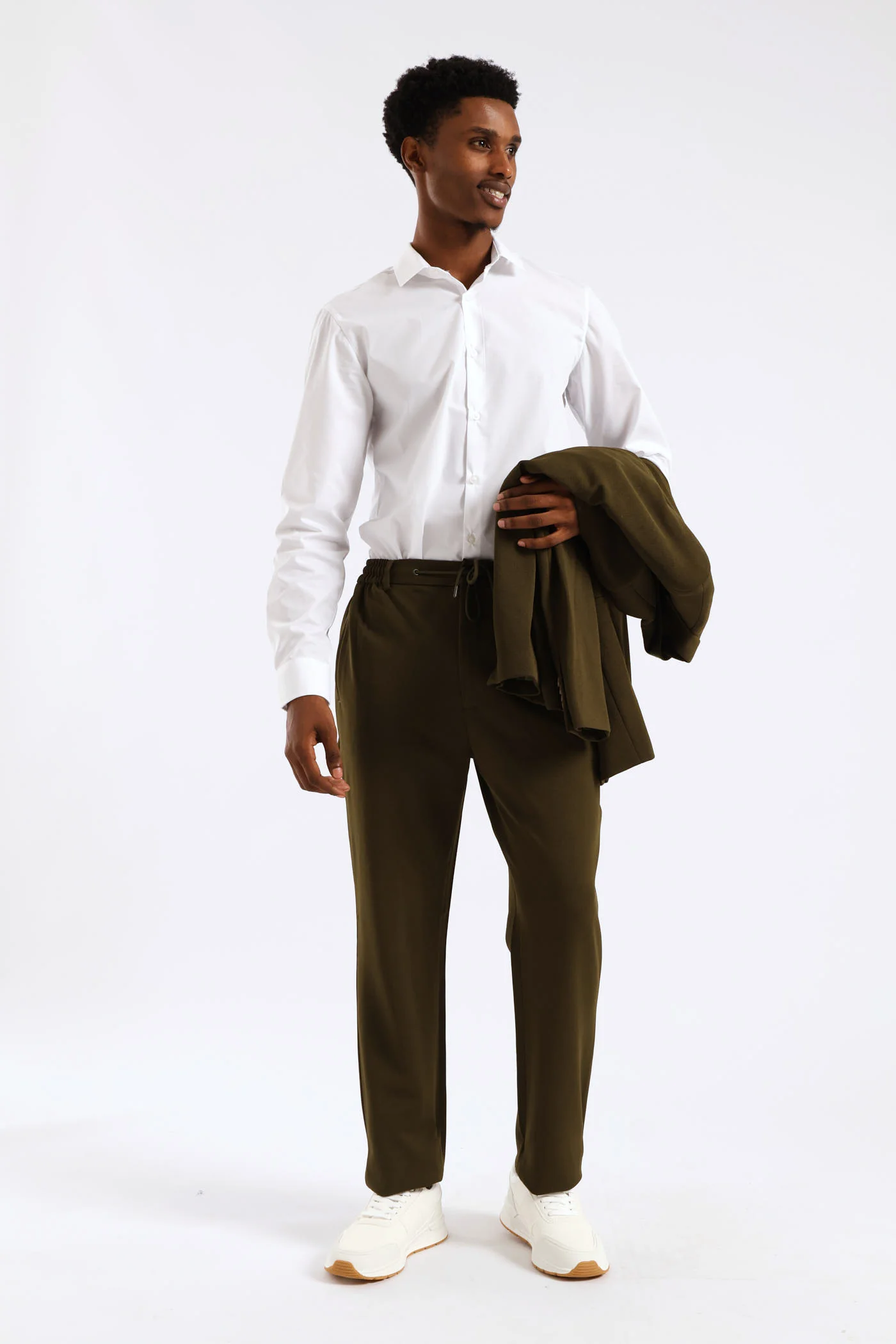 Textured Stretch Elasticated Trouser - Olive - Image 3