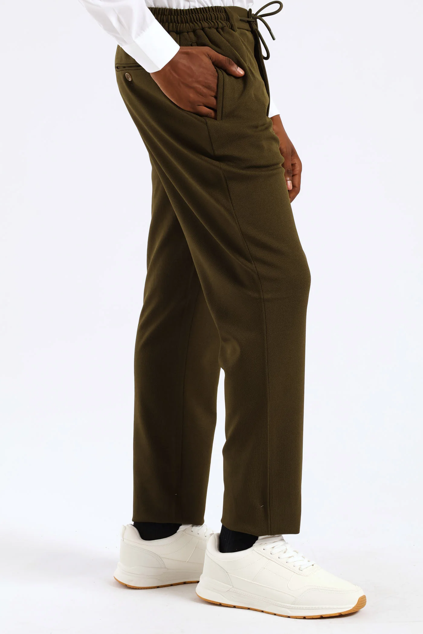 Textured Stretch Elasticated Trouser - Olive - Image 4