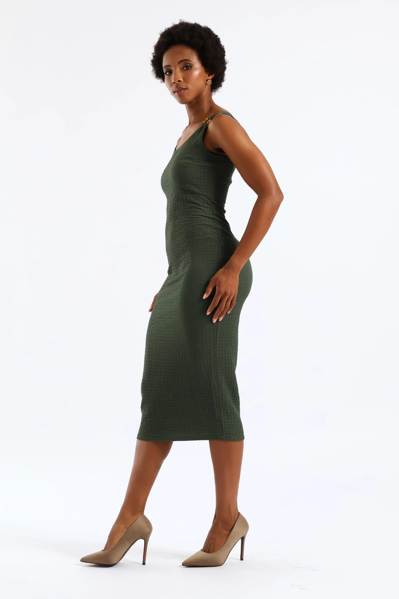 Textured Trim Bodycon Midi Dress - Olive - Image 3