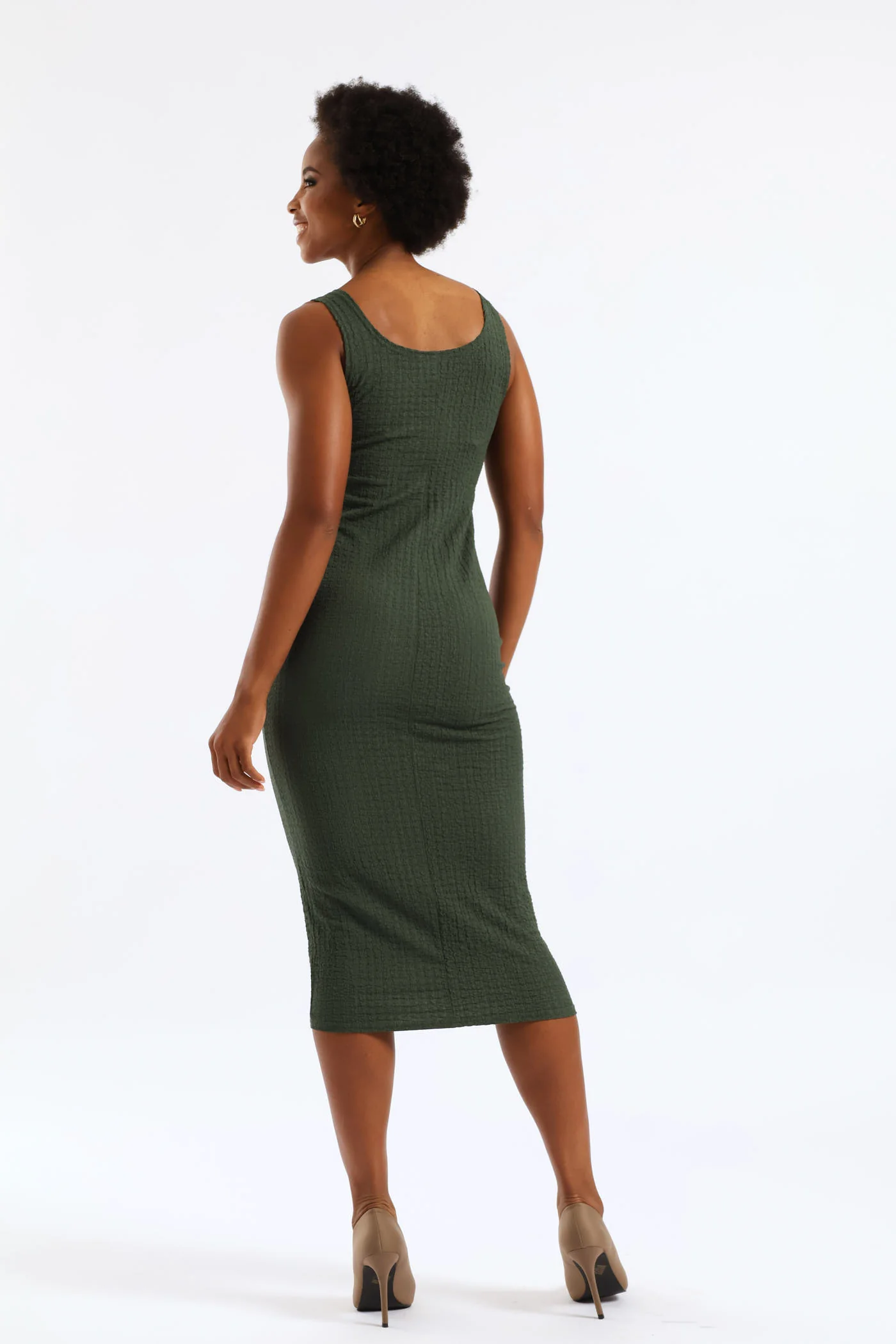 Textured Trim Bodycon Midi Dress - Olive - Image 4