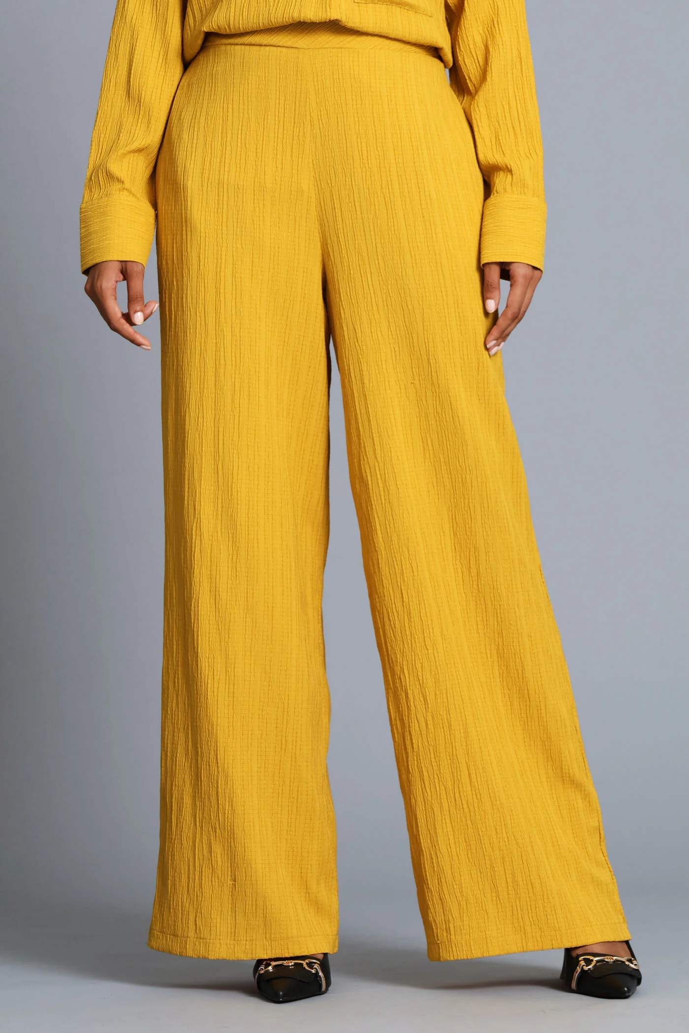 Textured Wide Leg Pant - Mustard - Image 2
