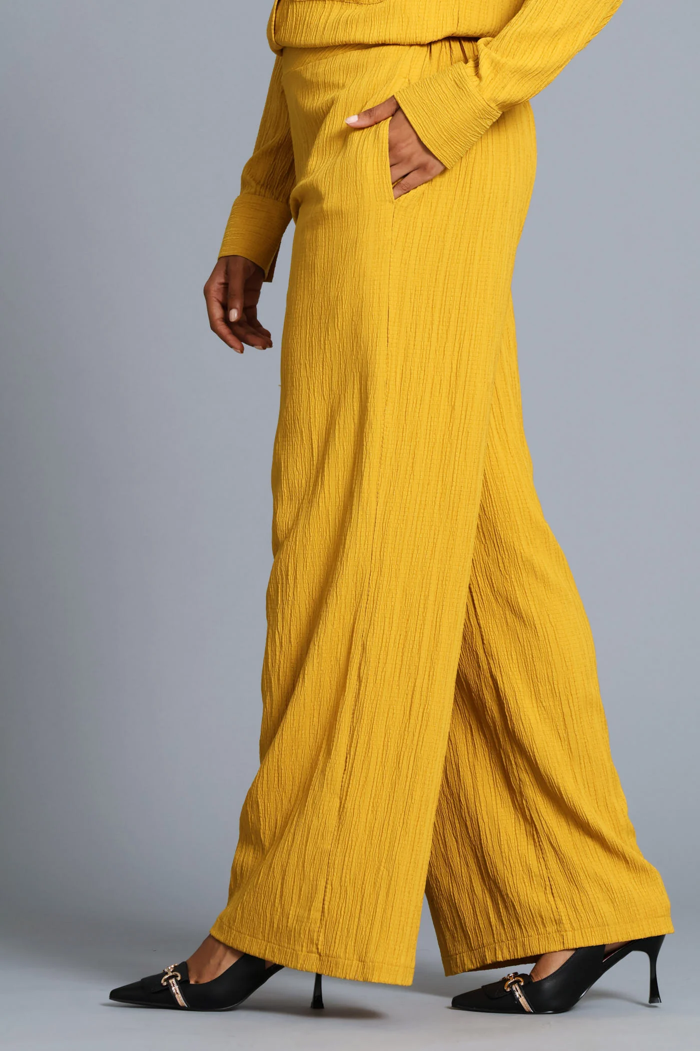 Textured Wide Leg Pant - Mustard - Image 3