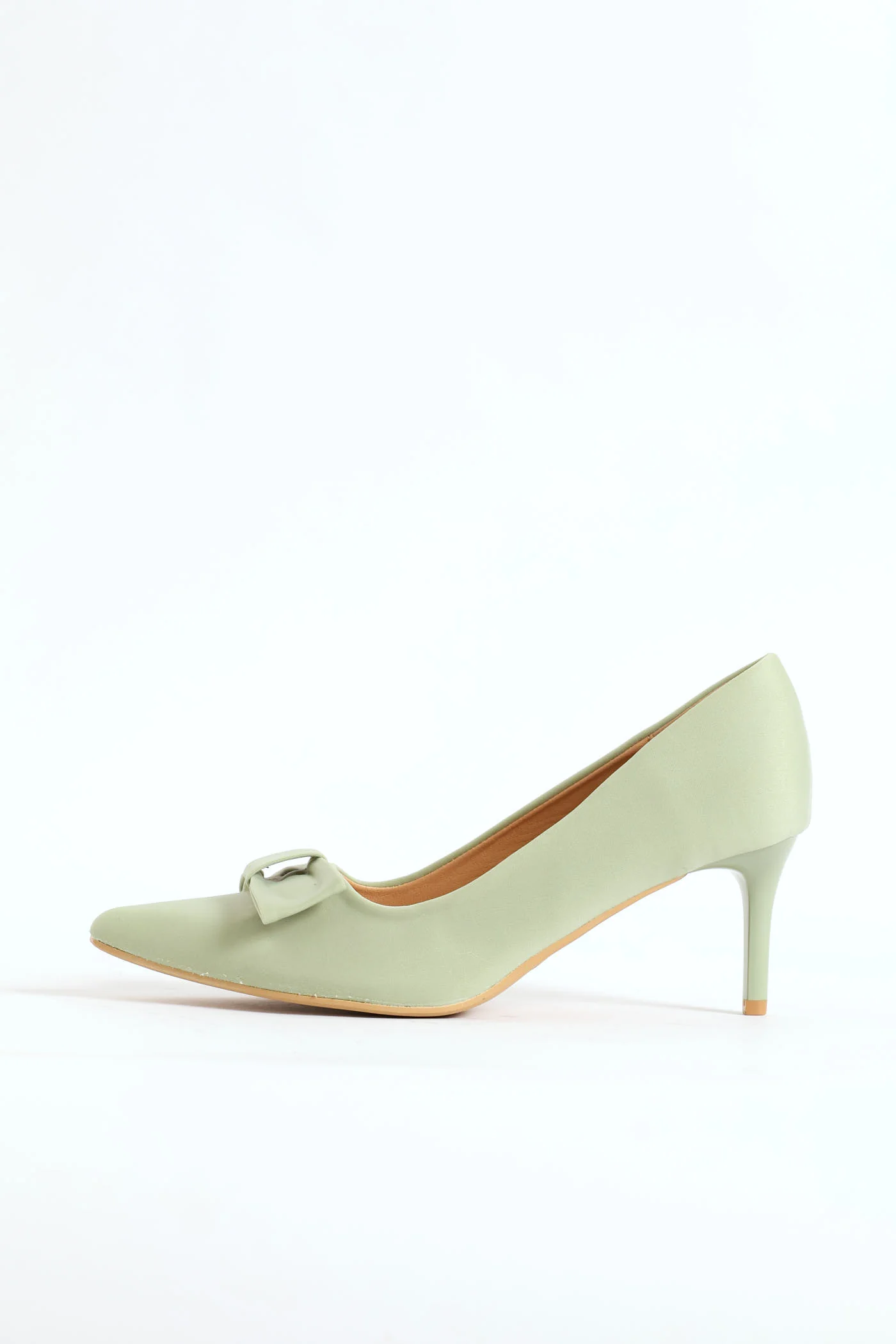 Thin Bow Trim Pointy Kitten Court Heel - Sage - Image 3