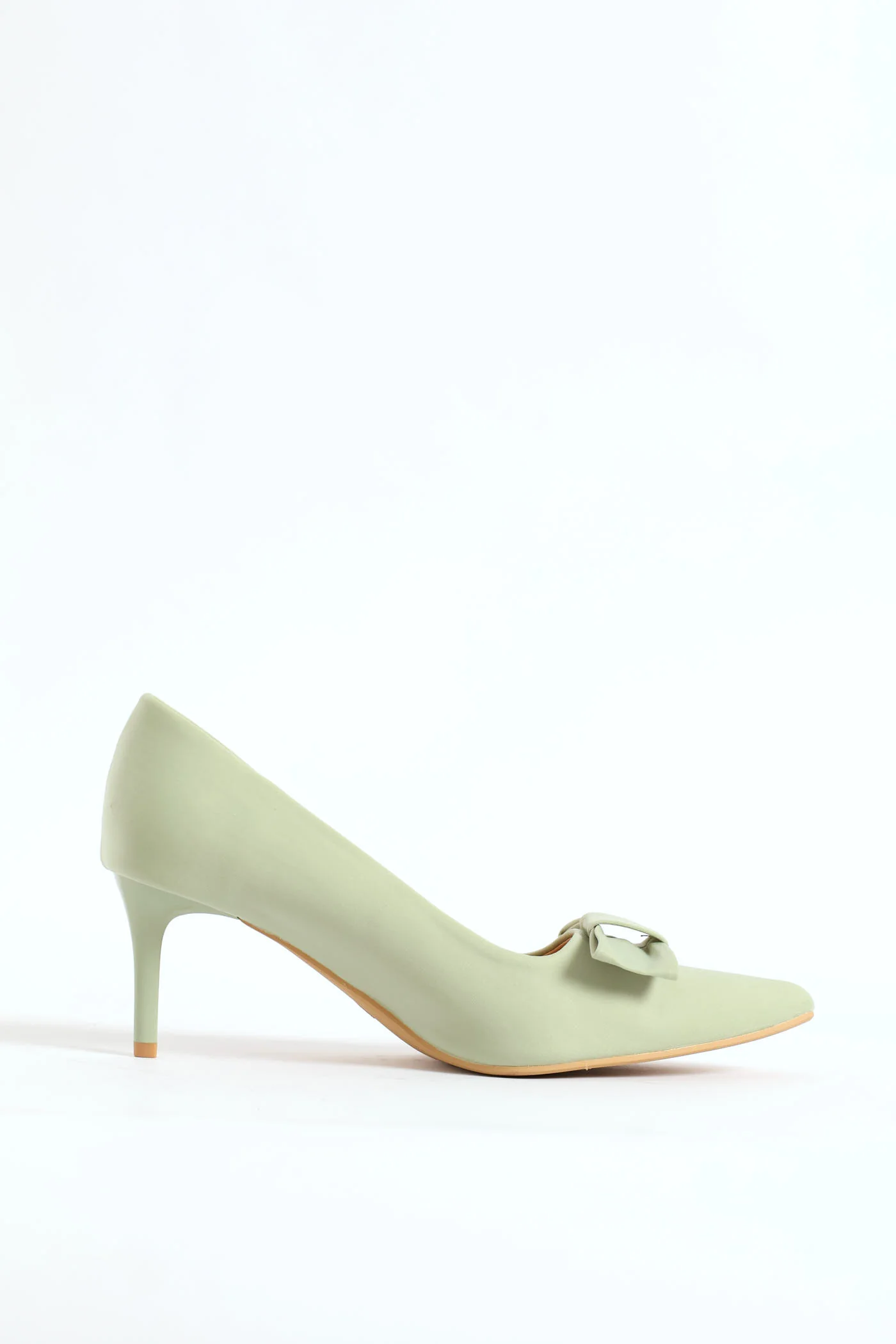 Thin Bow Trim Pointy Kitten Court Heel - Sage - Image 4