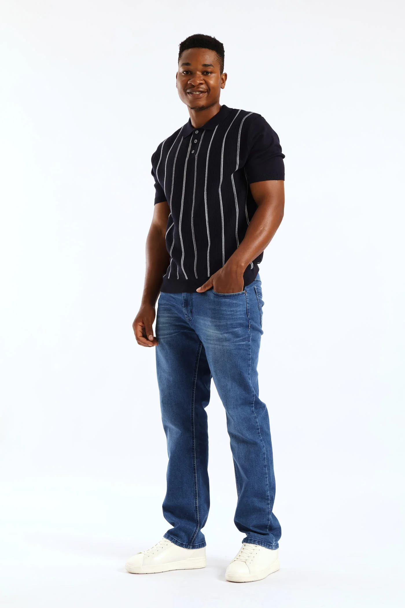 Thin Stripe Fine Gauge Golfer - Navy - Image 3