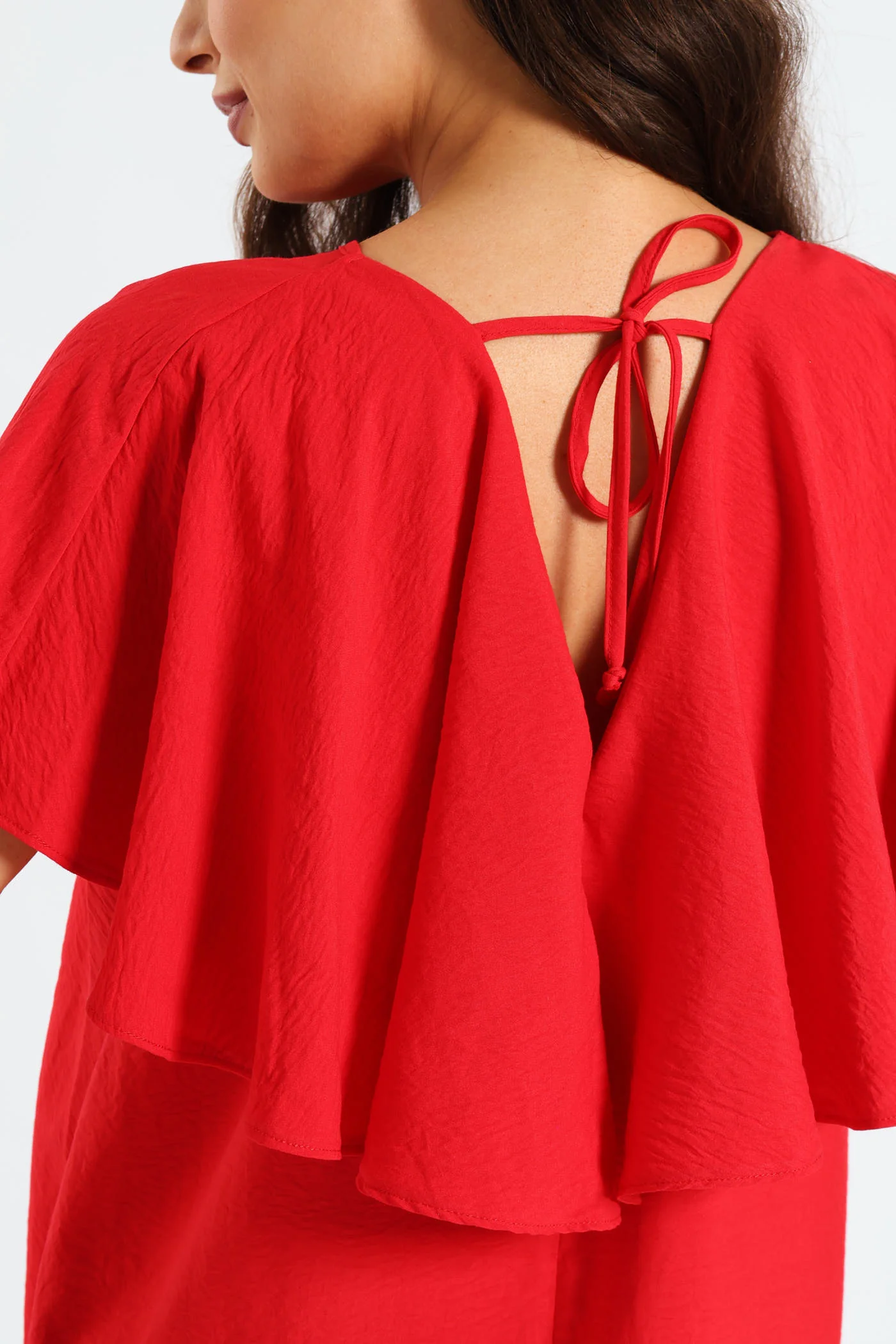 Tie-Back Frill Cape Swing Dress - Mid Red - Image 2