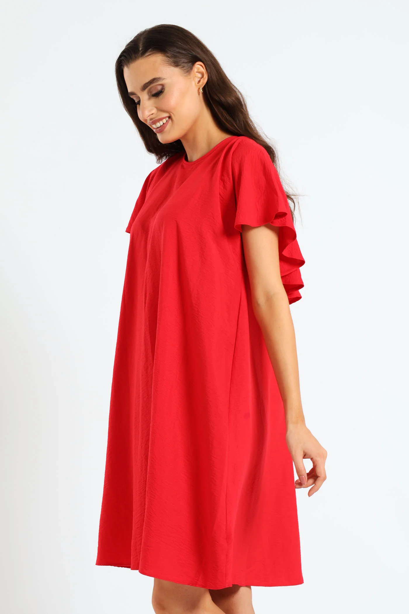 Tie-Back Frill Cape Swing Dress - Mid Red - Image 3