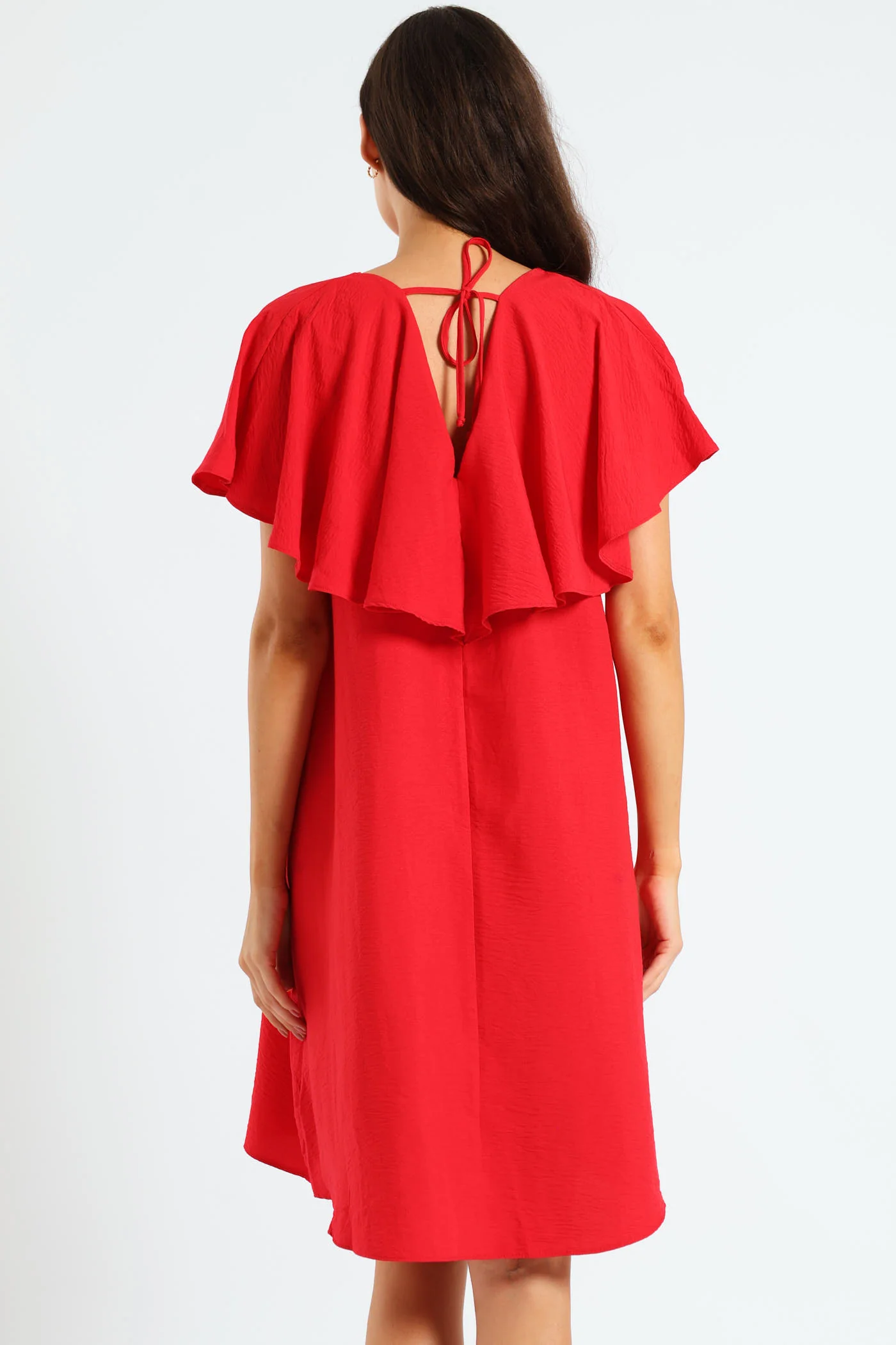 Tie-Back Frill Cape Swing Dress - Mid Red - Image 4