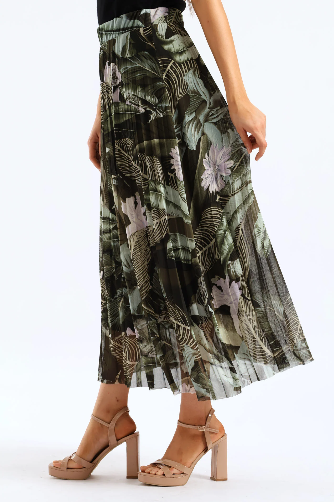 Tie Dye Pleated Mesh Midi Skirt - Dark Green - Image 2
