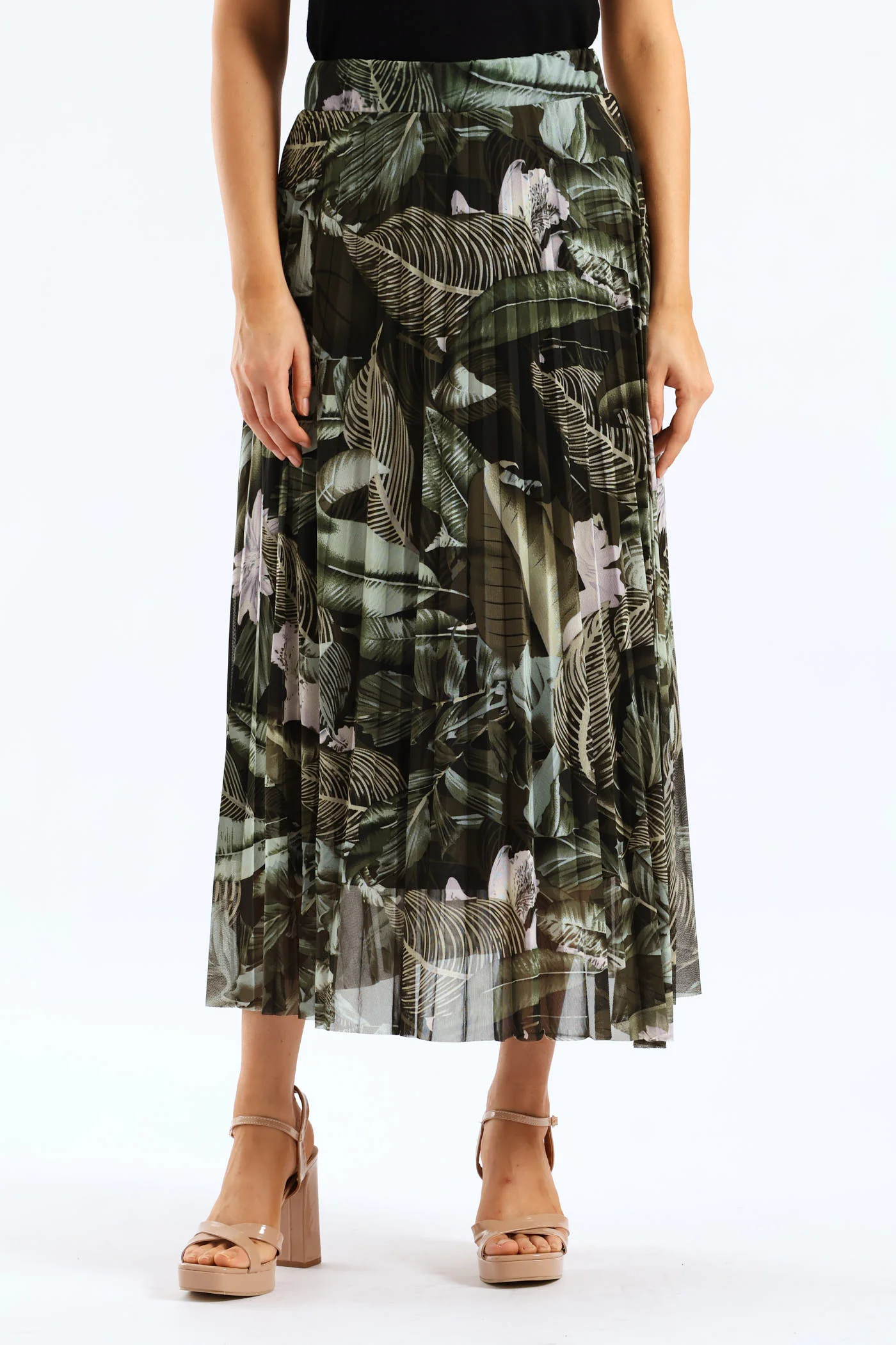 Tie Dye Pleated Mesh Midi Skirt - Dark Green - Image 3
