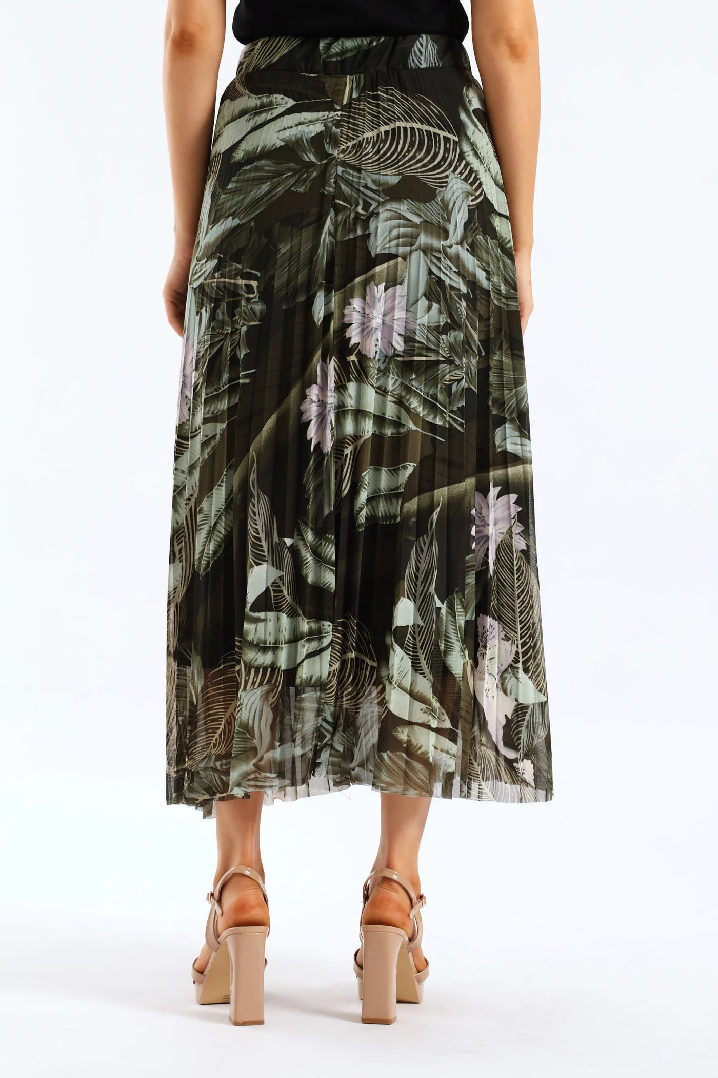 Tie Dye Pleated Mesh Midi Skirt - Dark Green - Image 4