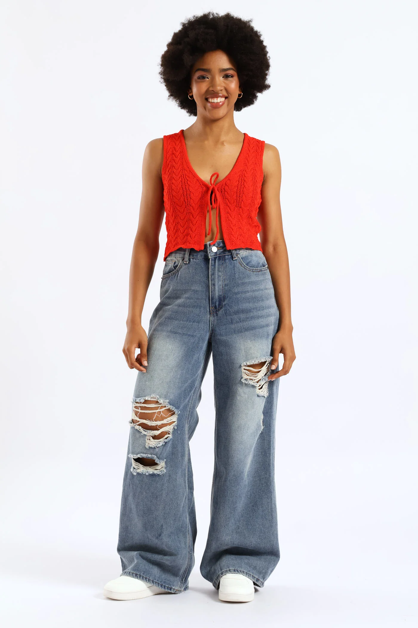 Tie Front Cable Knit Vest - Orange - Image 3