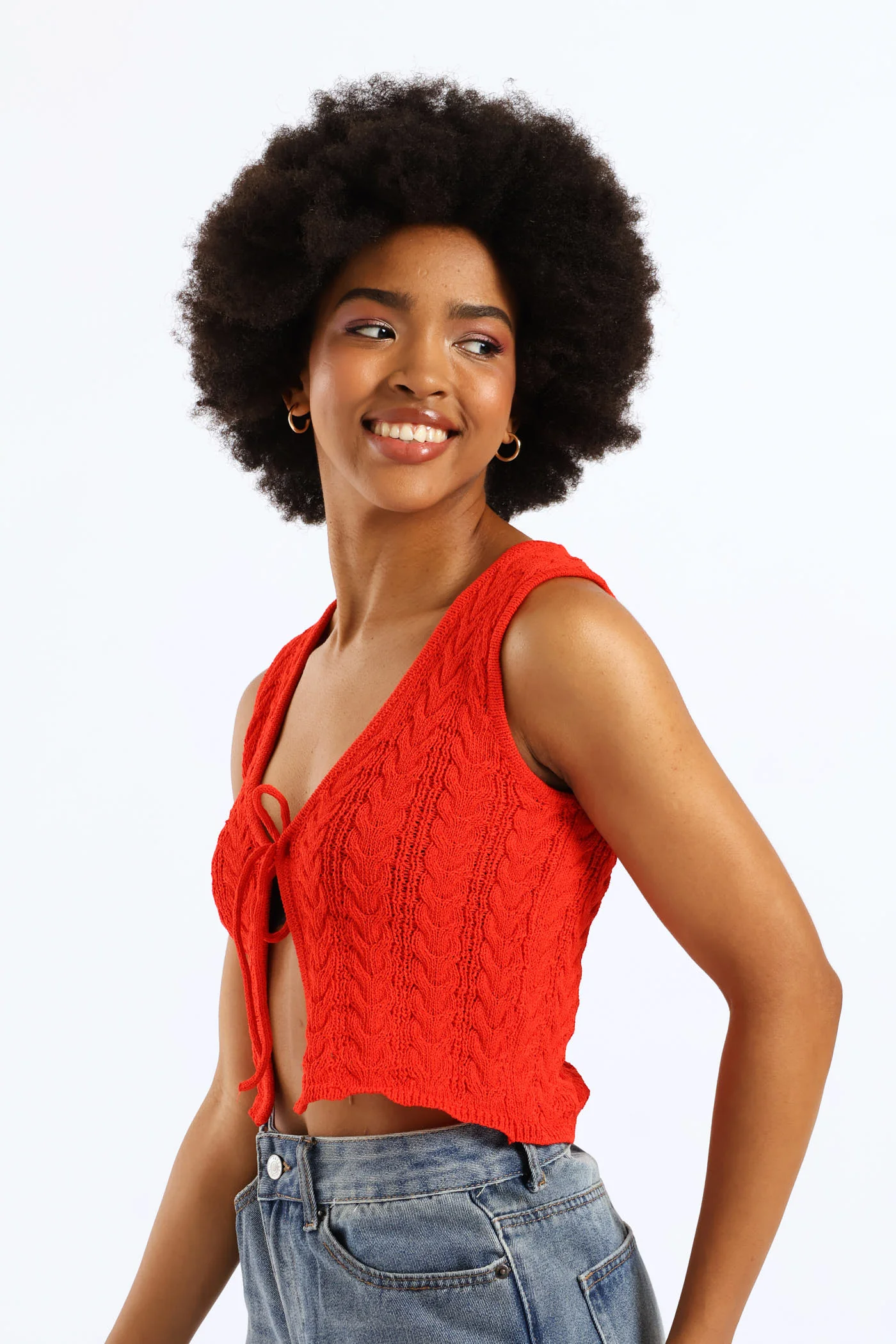 Tie Front Cable Knit Vest - Orange - Image 4