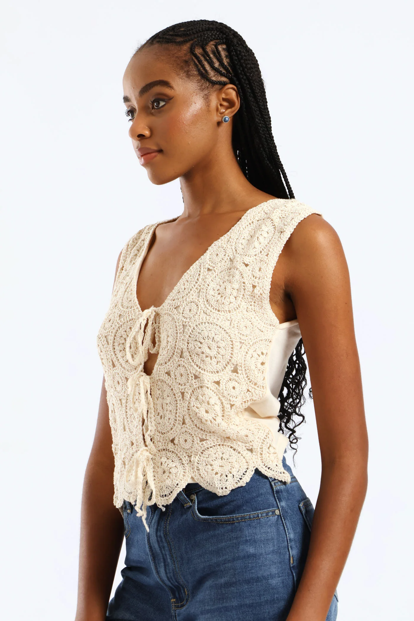 Tie Front Crochet Waistcoat - Cream - Image 3