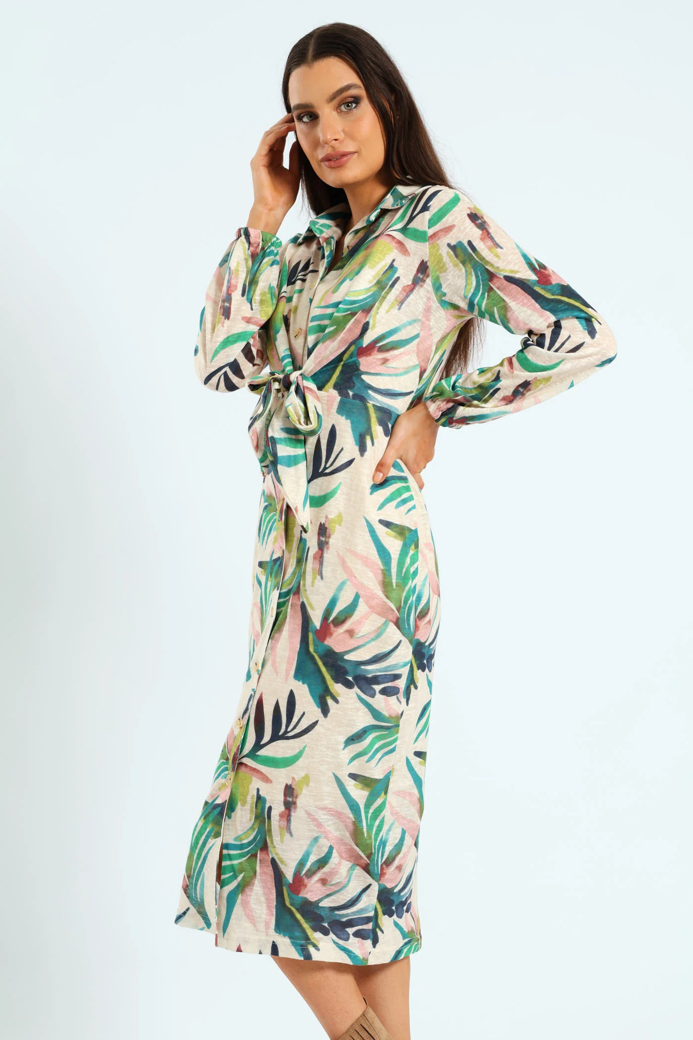 Tie Front Cut & Sew Midaxi Shirt Dress - Image 4