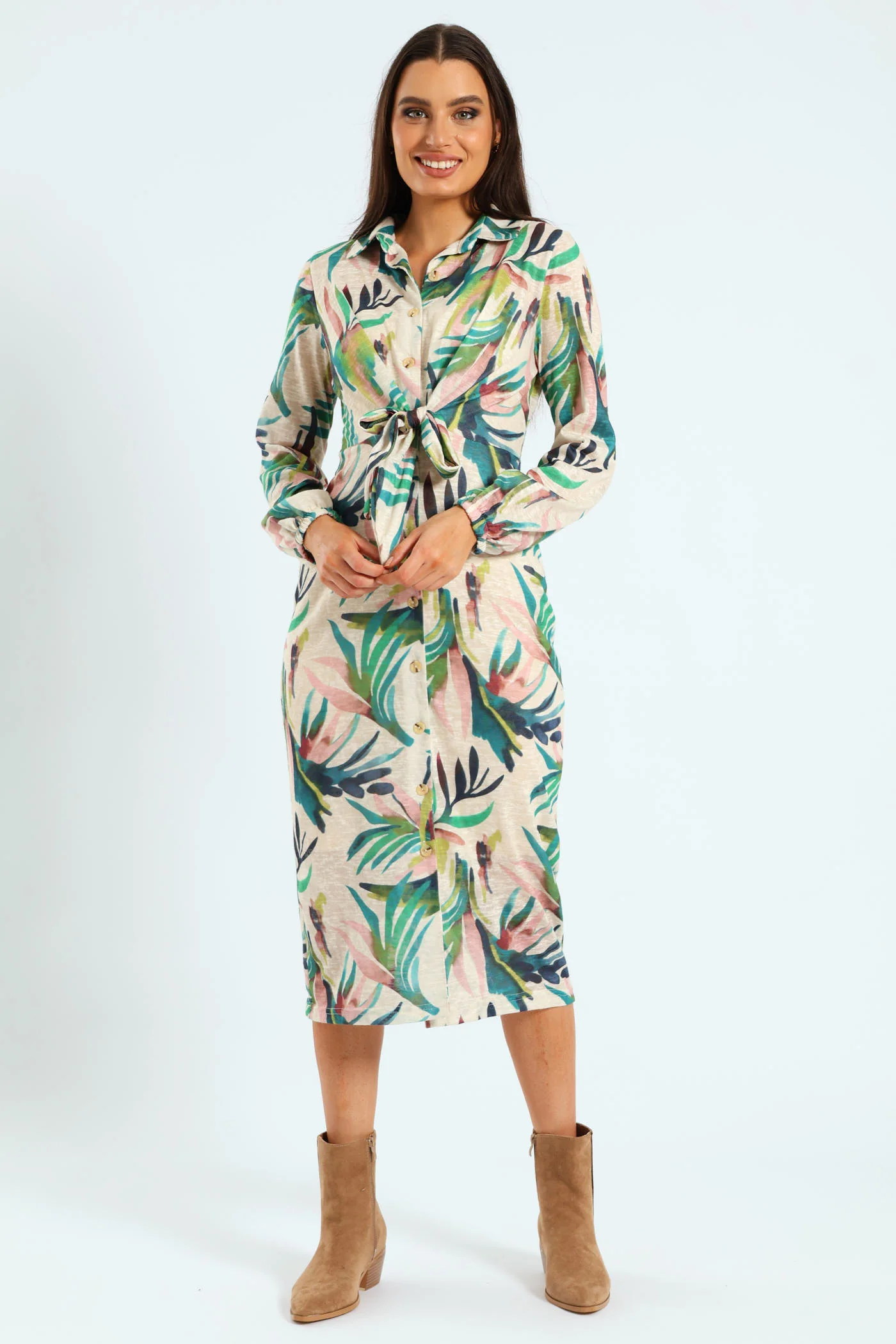 Tie Front Cut & Sew Midaxi Shirt Dress - Image 6