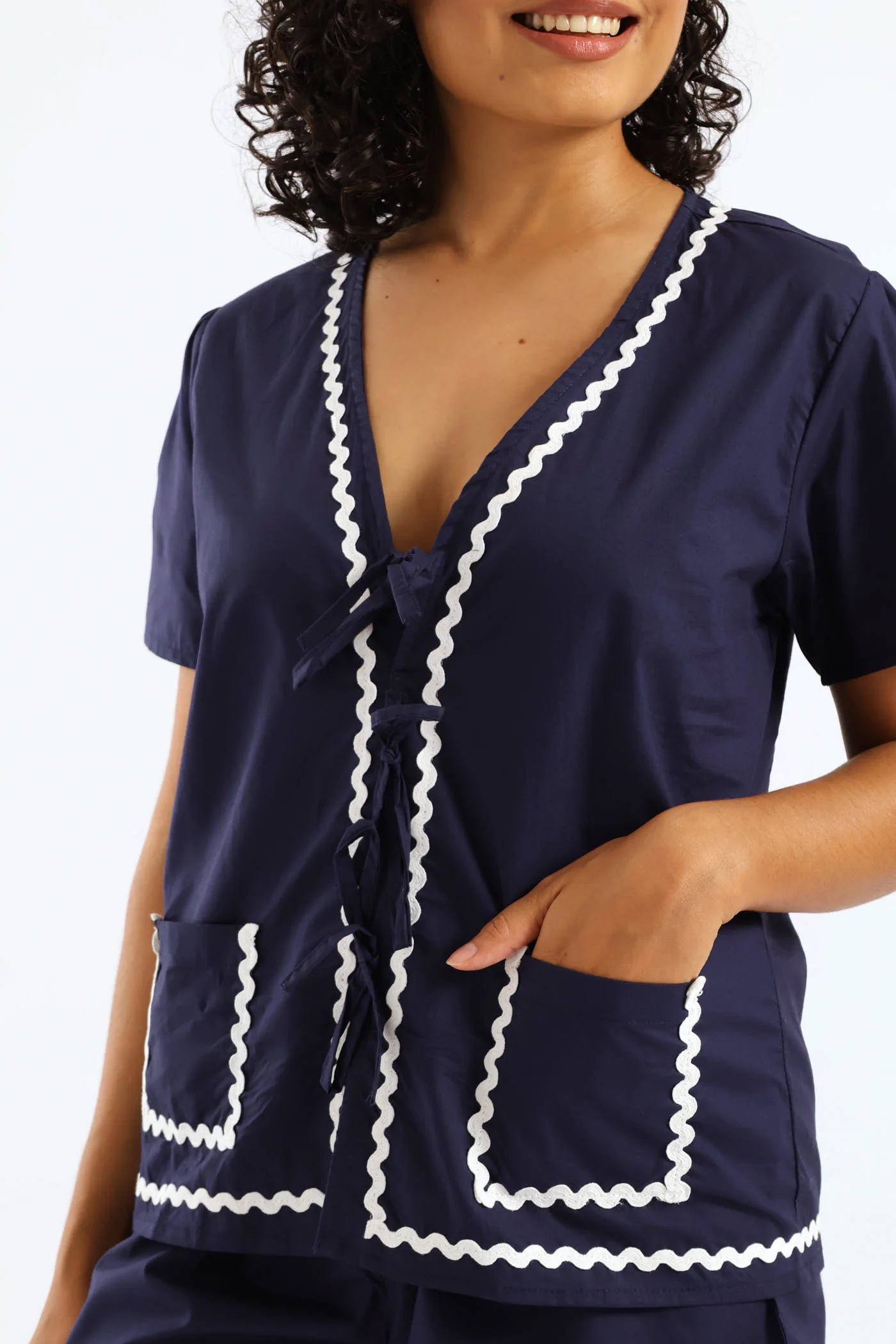 Tie Front Detail Sleep Set - Navy - Image 5