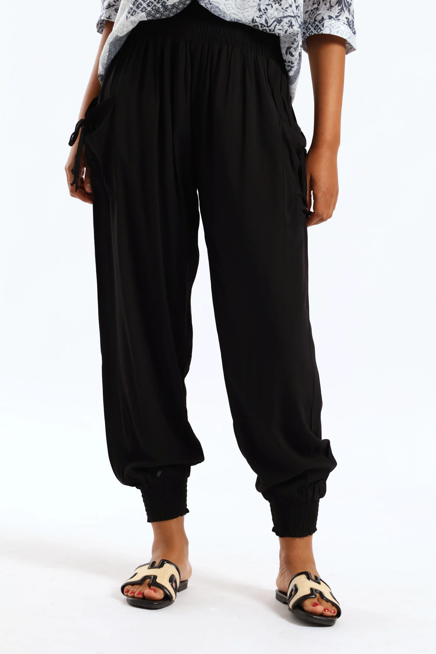 Tie Front Elasticated Harem Pant - Black - Image 2