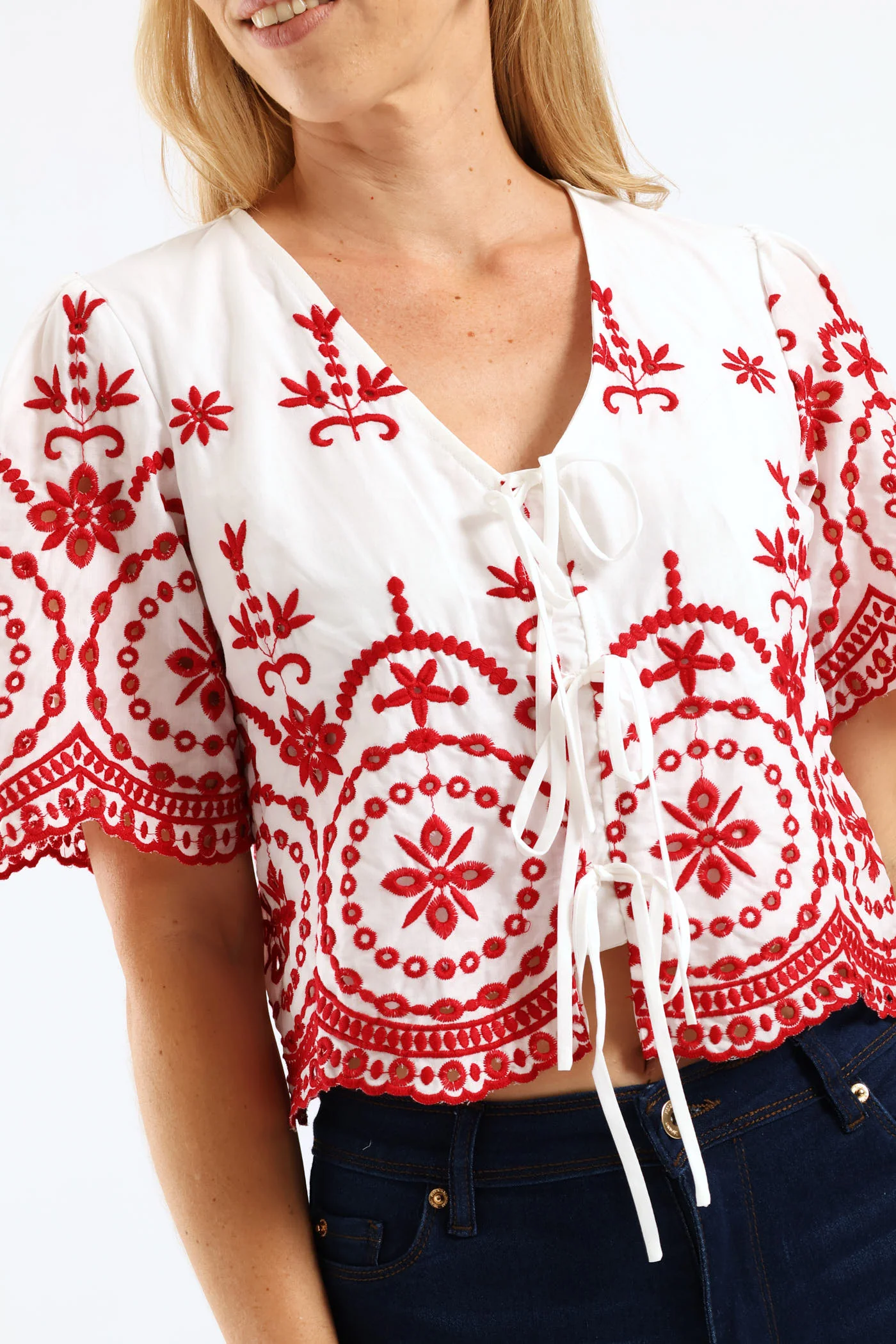 Tie Front Embroidered Anglaise Top - White/Red - Image 2