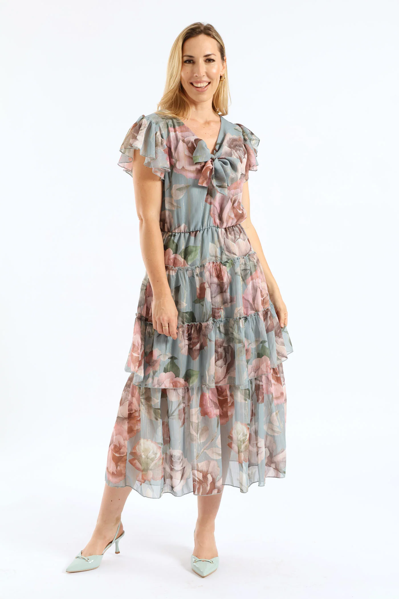 Tie Front Floral Flutter Sleeve Maxi Dress - Sage - Image 2