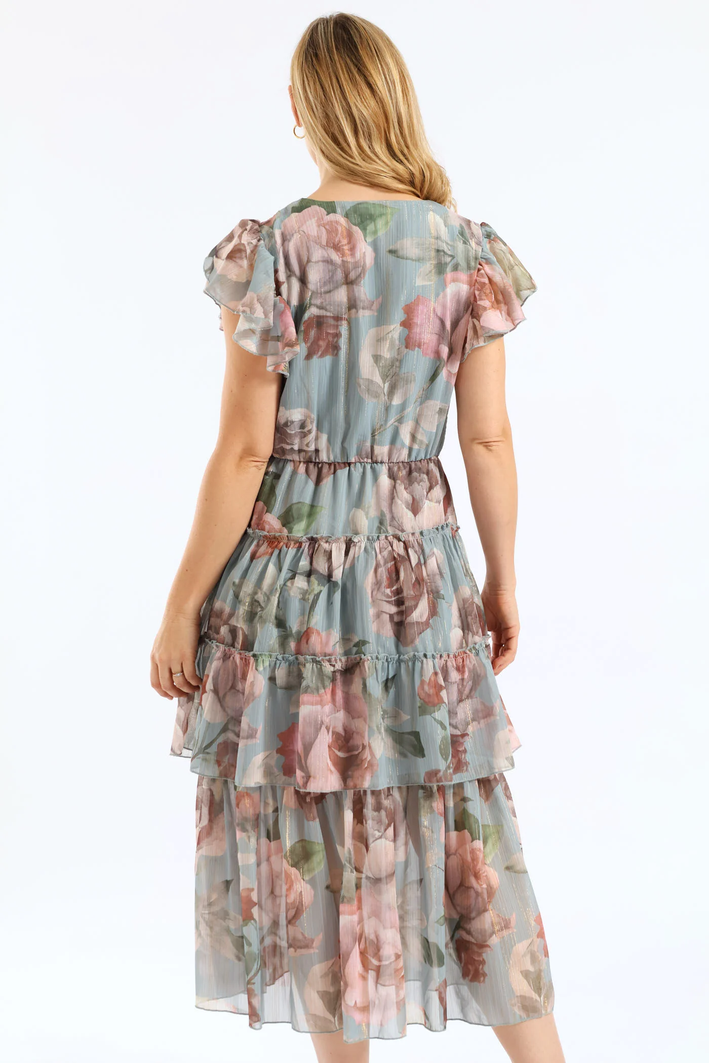 Tie Front Floral Flutter Sleeve Maxi Dress - Sage - Image 4