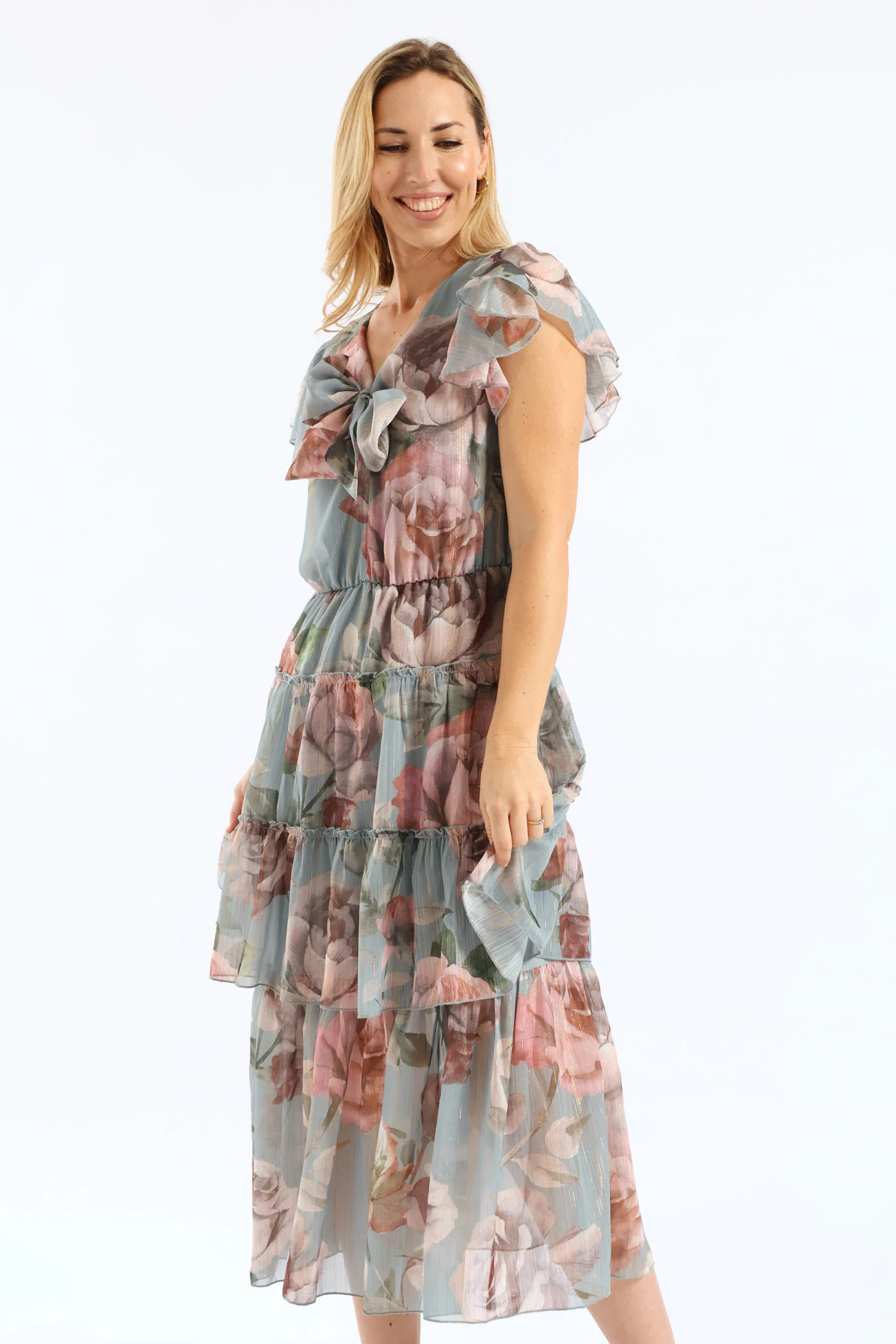 Tie Front Floral Flutter Sleeve Maxi Dress - Sage - Image 5